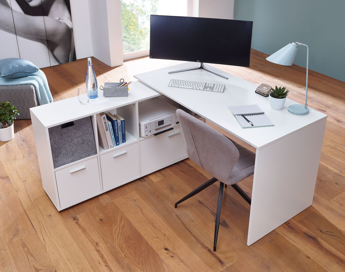 Schreibtischkombination 136 mal 75 5 mal 155 5 cm Weiss Schreibtisch mit Sideboard Winkelschreibtisch Home Office Tisch Buero Modern