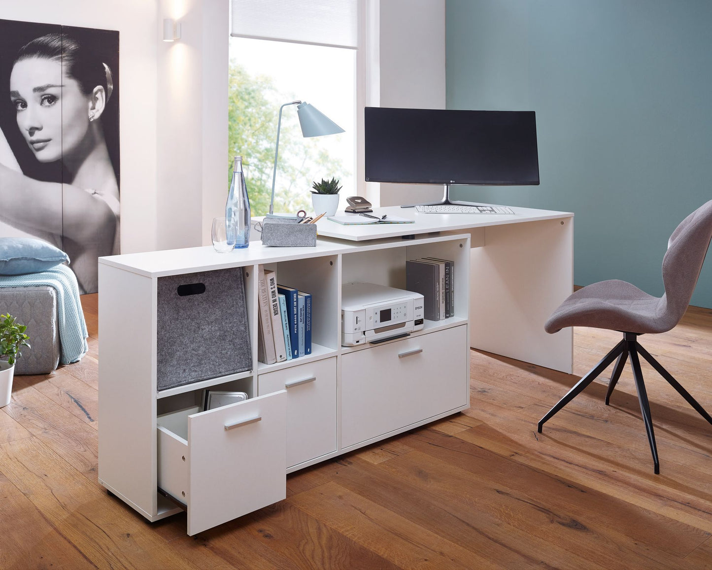 Schreibtischkombination 136 mal 75 5 mal 155 5 cm Weiss Schreibtisch mit Sideboard Winkelschreibtisch Home Office Tisch Buero Modern