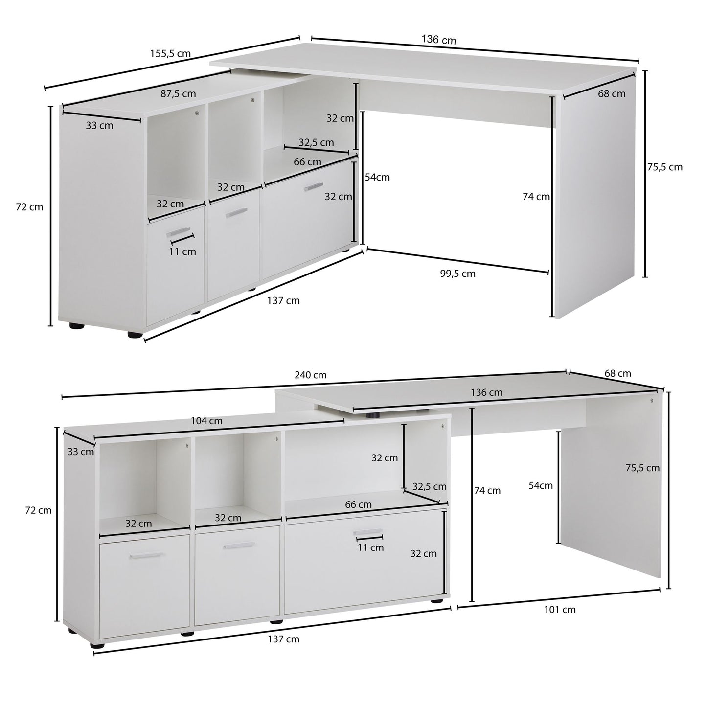 Schreibtischkombination 136 mal 75 5 mal 155 5 cm Weiss Schreibtisch mit Sideboard Winkelschreibtisch Home Office Tisch Buero Modern