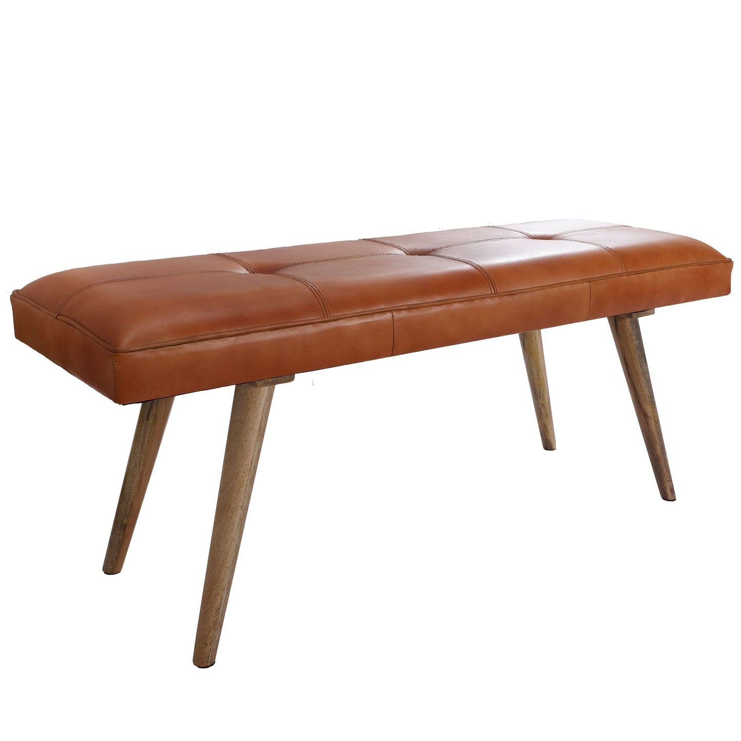 Sitzbank Ziegenleder Massivholz Bank 117 mal 51 mal 38 cm im Retro Stil 2er Polsterbank Flur Gepolsterte Lederbank Esszimmer Braun Kleine Bettbank Echtleder Dielenmoebel Flurbank