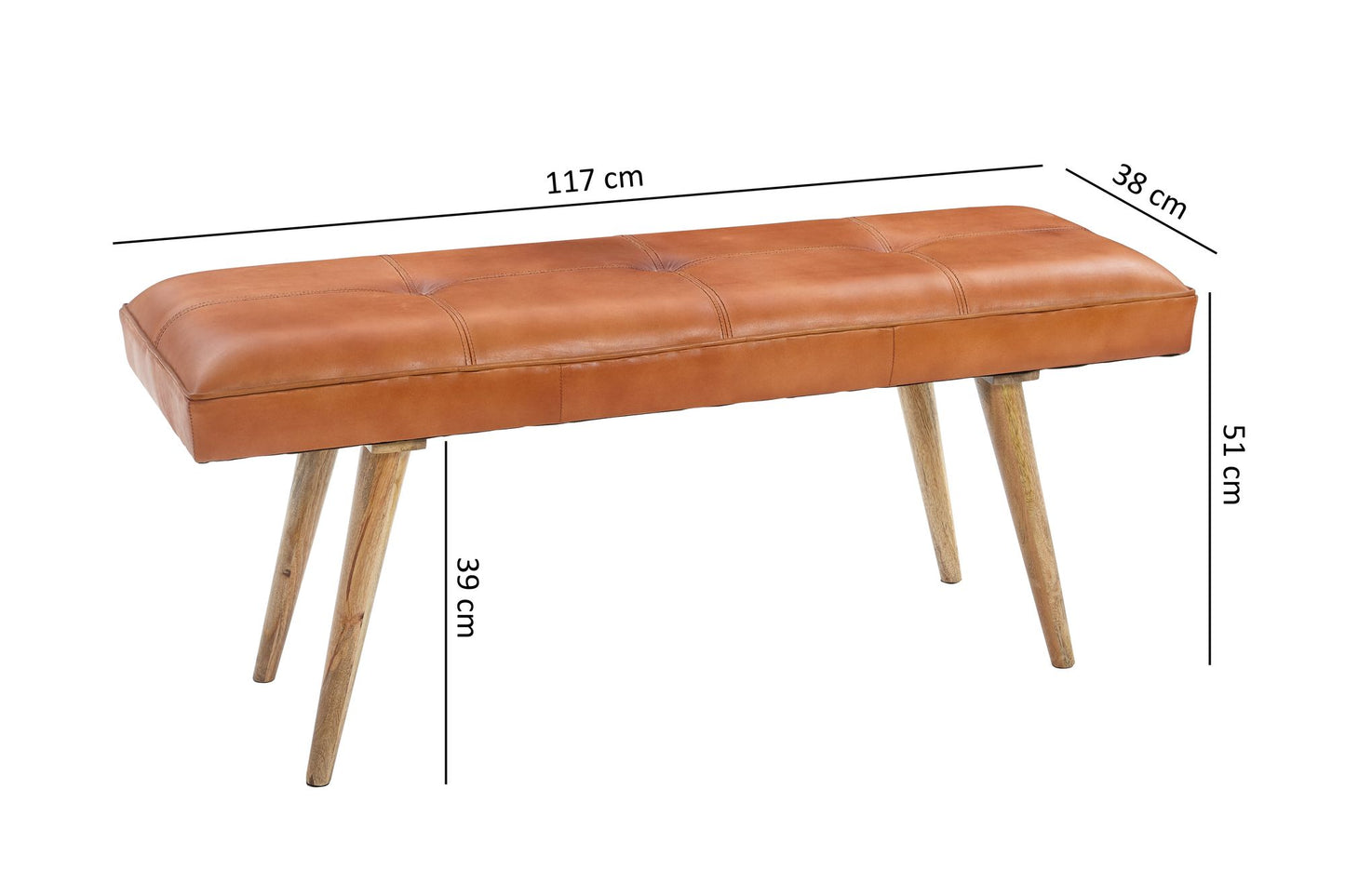 Sitzbank Ziegenleder Massivholz Bank 117 mal 51 mal 38 cm im Retro Stil 2er Polsterbank Flur Gepolsterte Lederbank Esszimmer Braun Kleine Bettbank Echtleder Dielenmoebel Flurbank