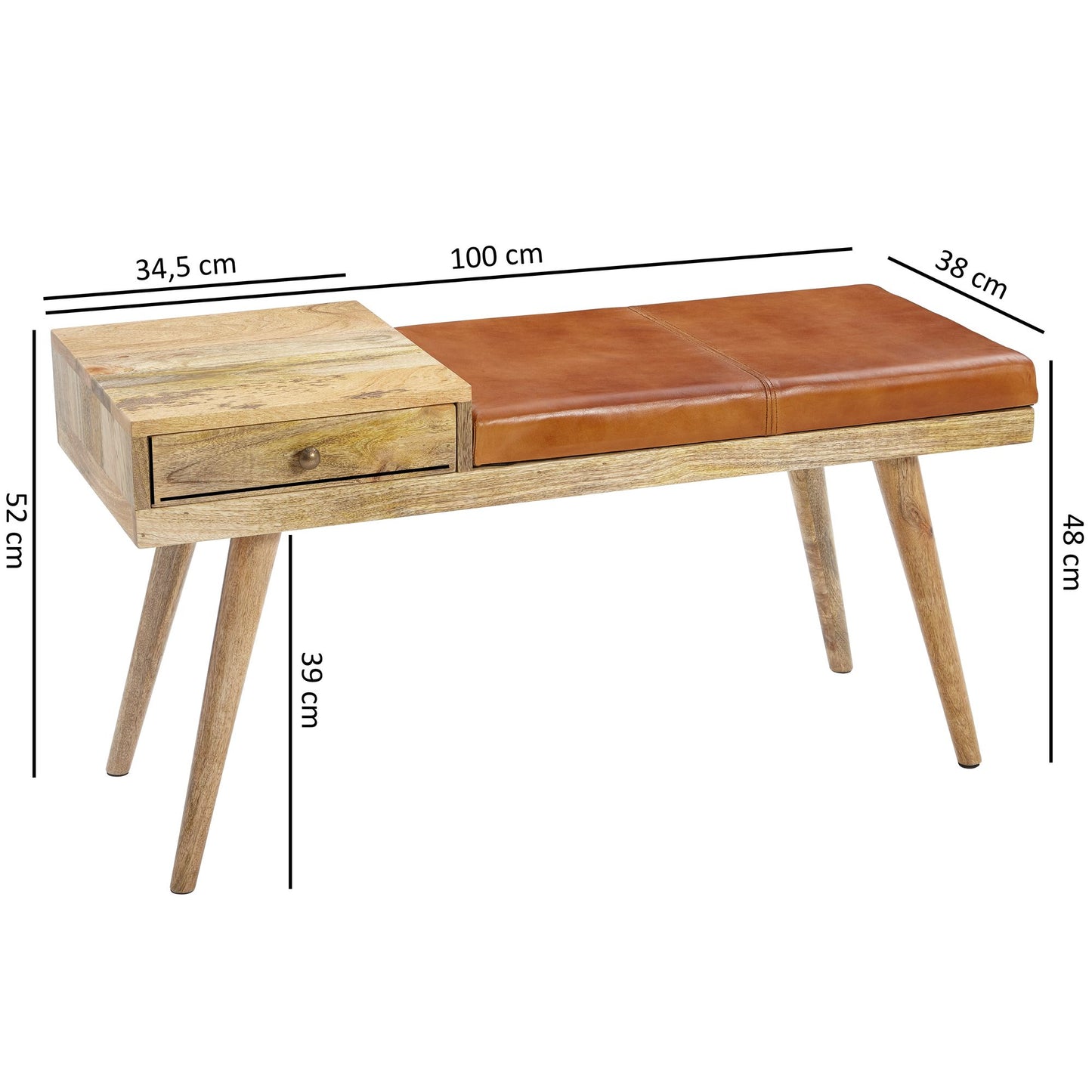 Sitzbank Ziegenleder Massivholz Bank 100 mal 52 mal 38 cm im Retro Stil Flur Polsterbank mit Stauraum Gepolsterte Lederbank Aufbewahrung Braun Kleine Bettbank Echtleder Flurbank