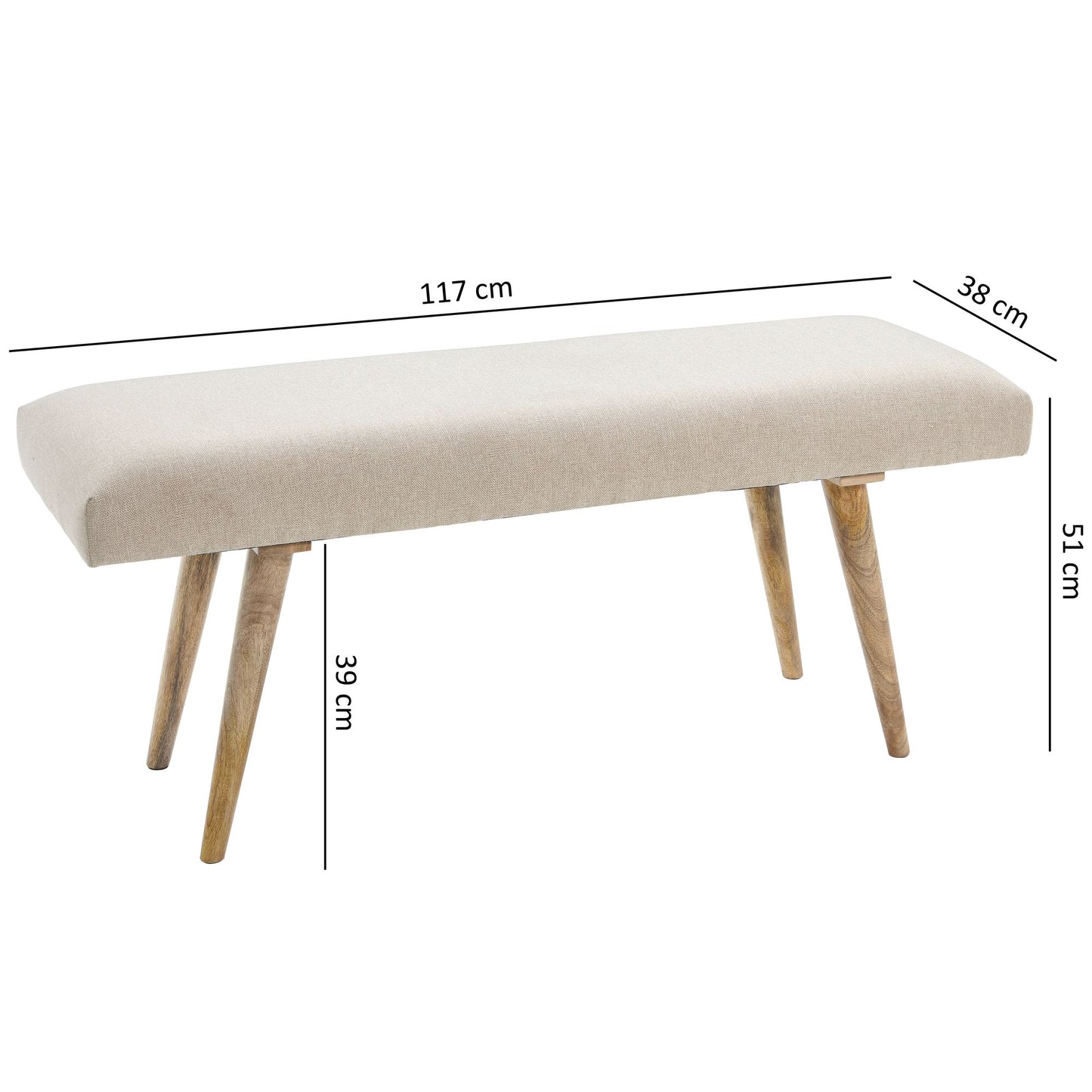 Sitzbank Stoff Massivholz Bank Beige 117 mal 51 mal 38 cm im Retro Stil 2er Polsterbank Flur Gepolsterte Stoffbank Esszimmer Braun Kleine Bettbank Baumwolle Flurbank Dielenmoebel schmal