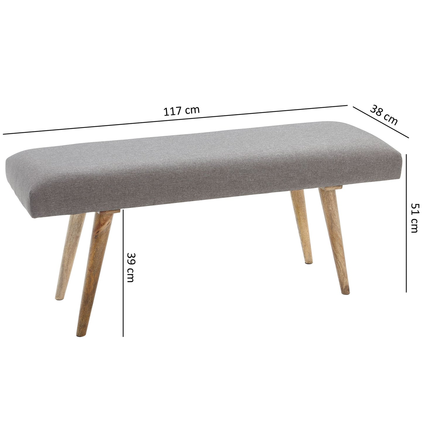 Sitzbank Stoff Massivholz Bank Grau 117 mal 51 mal 38 cm im Retro Stil 2er Polsterbank Flur Gepolsterte Stoffbank Esszimmer Braun Kleine Bettbank Baumwolle Flurbank Dielenmoebel schmal