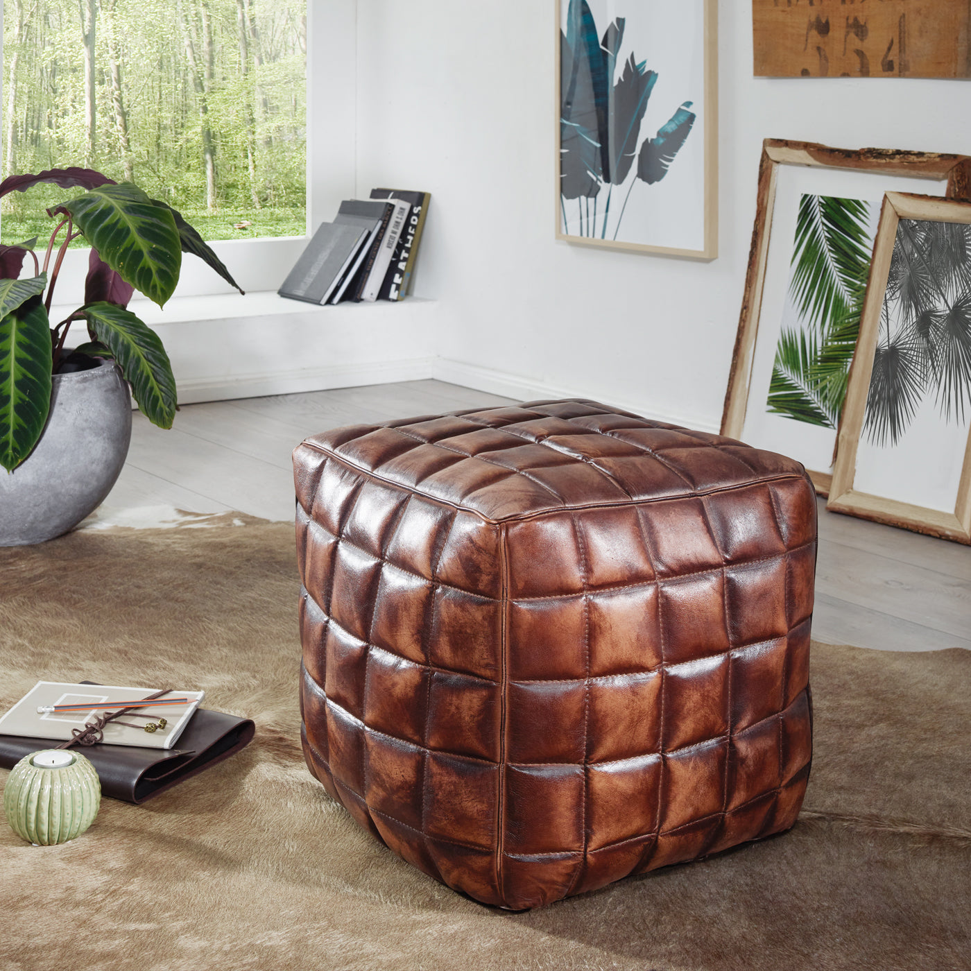 Sitzwuerfel Echtleder braun 39 mal 41 mal 39 cm Ottomane Wohnzimmer Design Pouf Hocker orientalisch Polster Sitzhocker edel Orient Beinablage Sofa Wuerfel Polsterhocker eckig