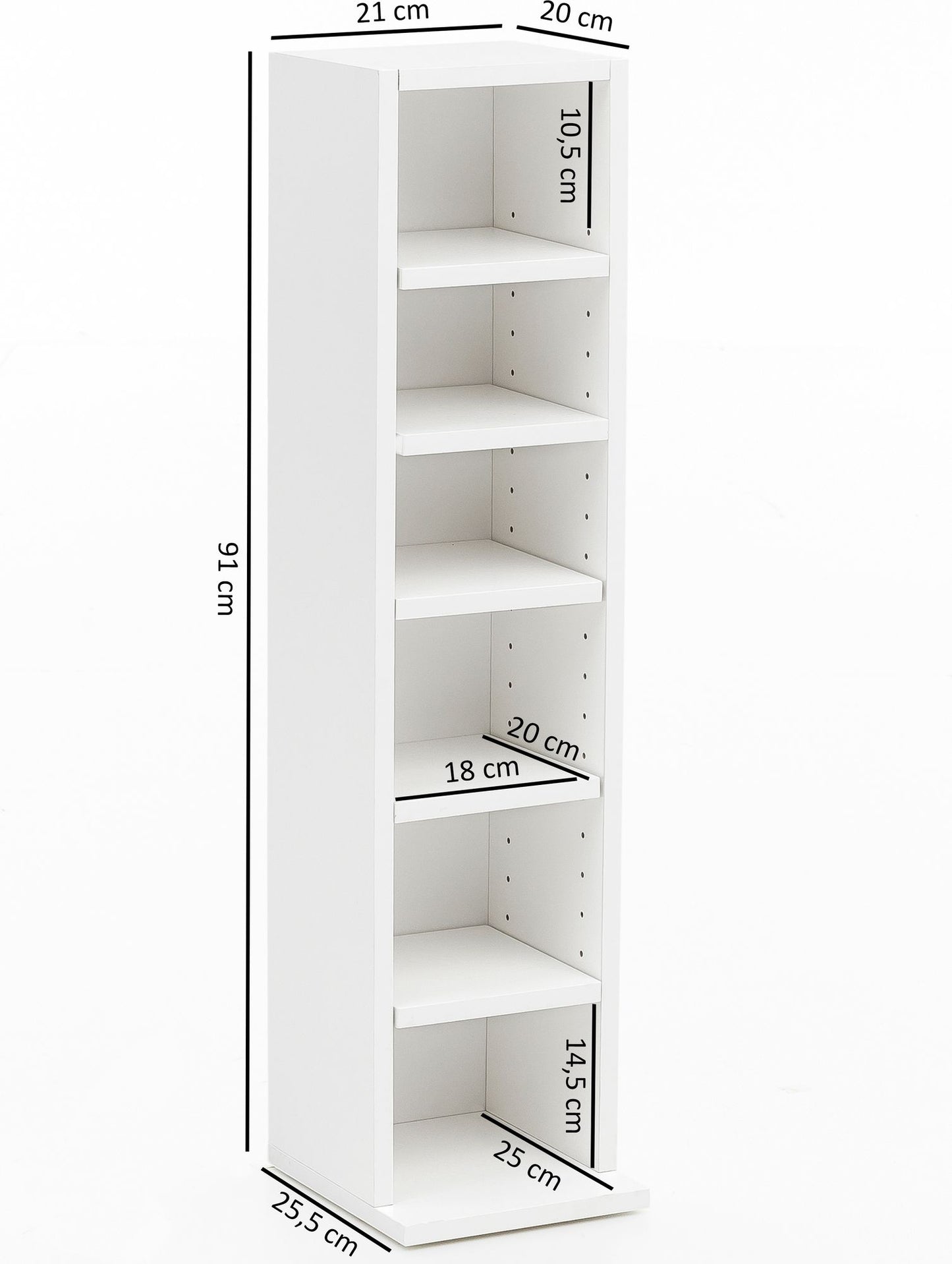 Design Buecherregal WL5.336 Weiss 21 mal 91 mal 25 5 cm mit 6 Faechern Standregal Holz Regal freistehend Flur Schmales Wandregal Kinderzimmer Nischenregal Modern