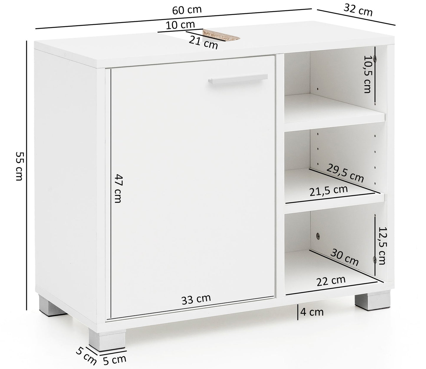 Waschbeckenunterschrank 60 mal 55 mal 32cm Weiss Badschrank mit Tuer Unterschrank Waschbecken Badezimmer Waschtischunterschrank mit Faecherne