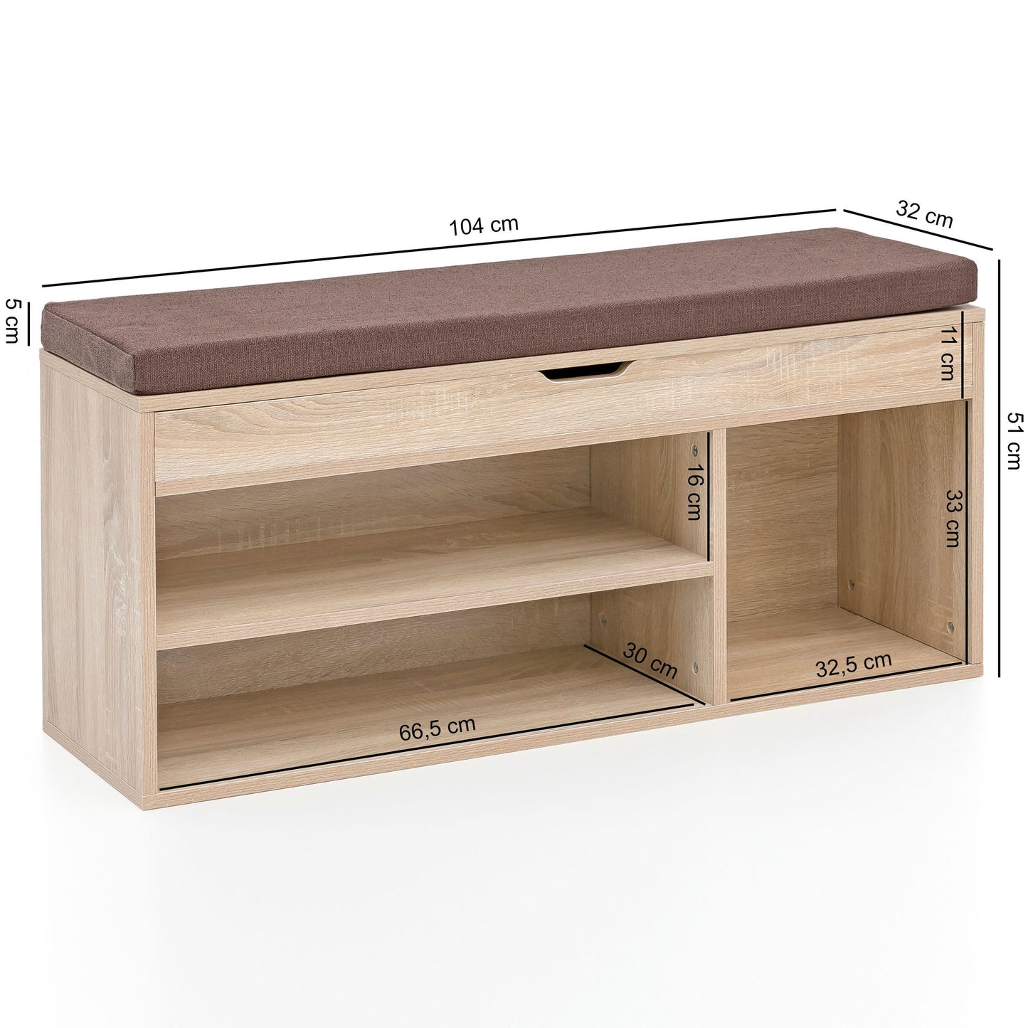 Schuhbank WL5.344 mit Sitzflaeche Garderoben Bank Holz 104 mal 51 mal 32 cm Sonoma Holzbank klein gepolstert Sitzbank schmal Flur mit Stauraum Truhenbank Schuhtruhe Flurmoebel