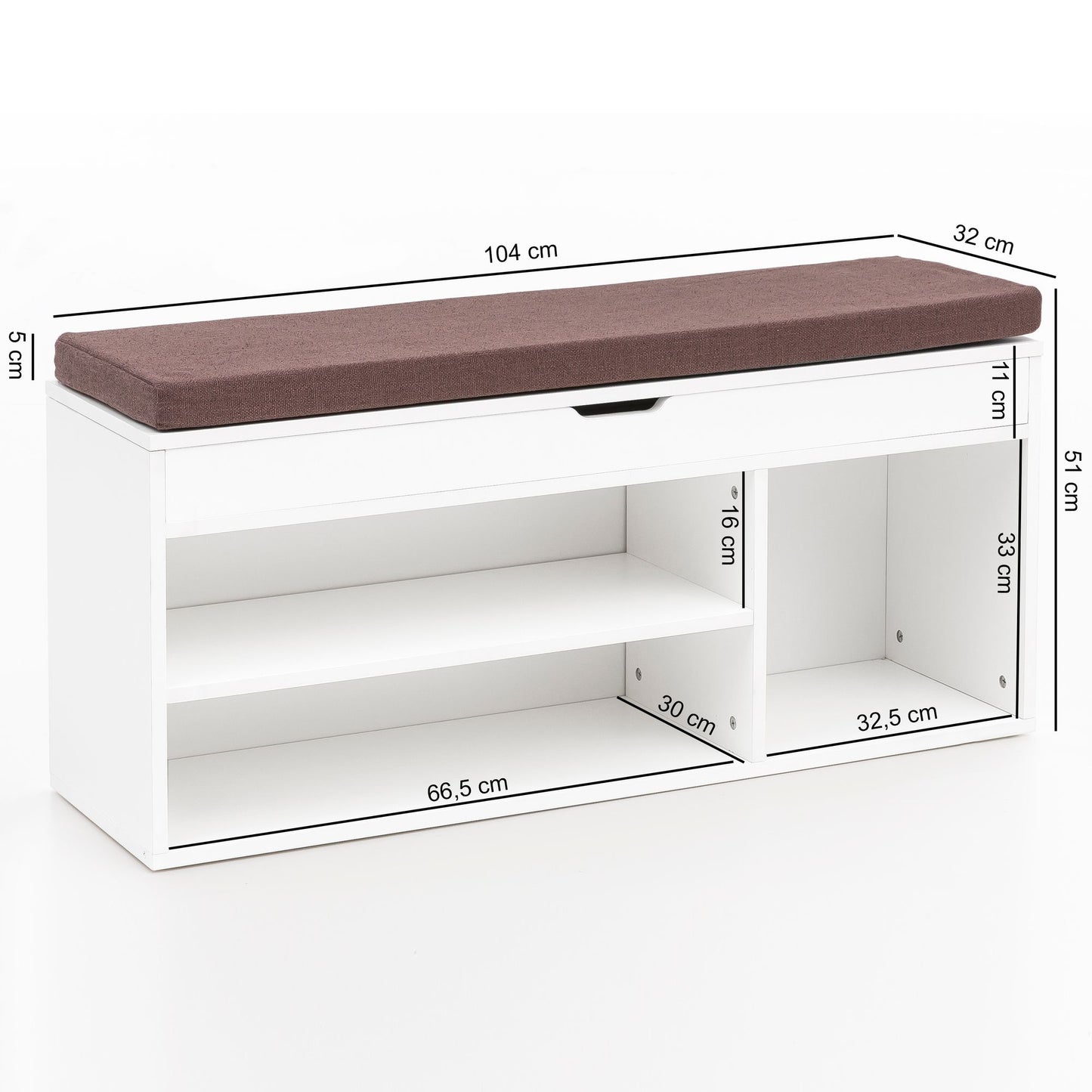 Schuhbank WL5.345 mit Sitzflaeche Garderoben Bank Holz 104 mal 51 mal 32 cm Weiss Holzbank klein gepolstert Sitzbank schmal Flur mit Stauraum Truhenbank Schuhtruhe Flurmoebel