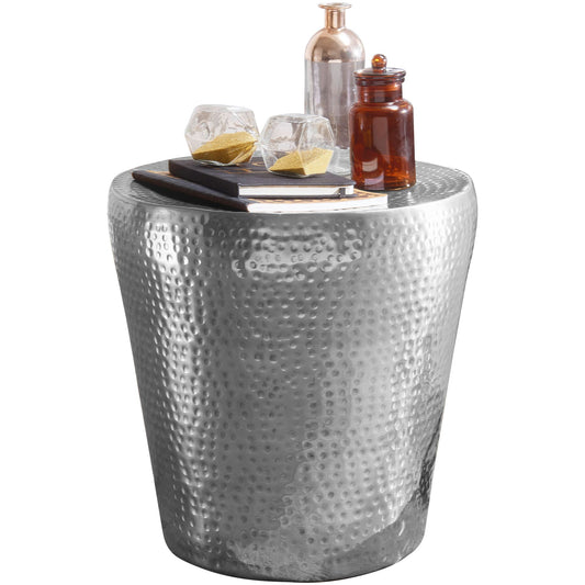 Beistelltisch 41 mal 41 mal 41cm Aluminium Silber Dekotisch orientalisch rund Kleiner Hammerschlag Abstelltisch Designer Ablagetisch Metall modern Anstelltisch schmal