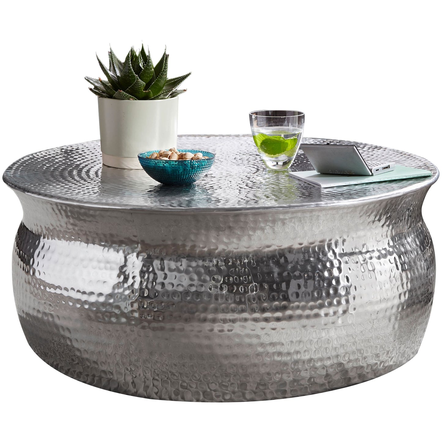 Couchtisch 75 mal 31 mal 75cm Aluminium Silber Beistelltisch orientalisch rund Flacher Hammerschlag Sofatisch Metall Design Wohnzimmertisch modern Loungetisch indisch Stubentisch klein