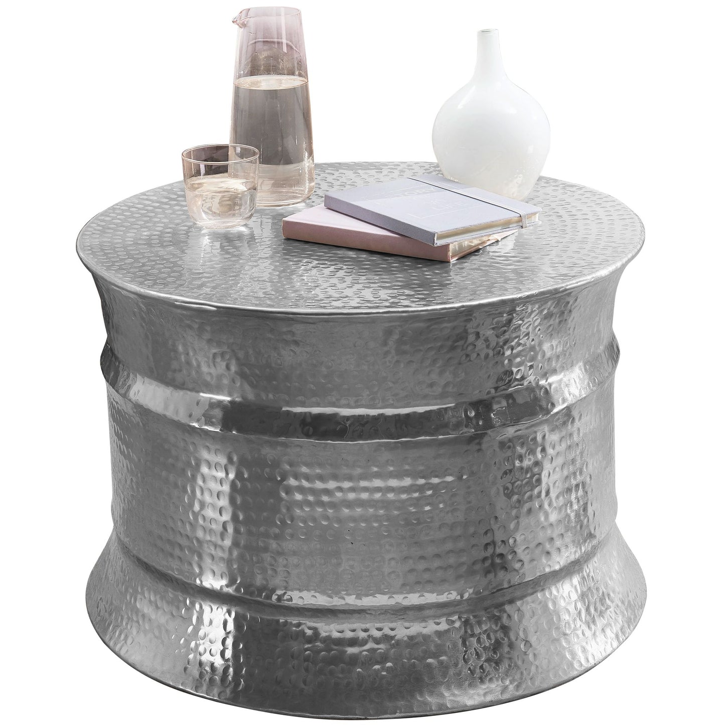 Couchtisch 62 mal 41 mal 62cm Aluminium Silber Beistelltisch orientalisch rund Flacher Hammerschlag Sofatisch Metall Design Wohnzimmertisch modern Loungetisch indisch Stubentisch klein