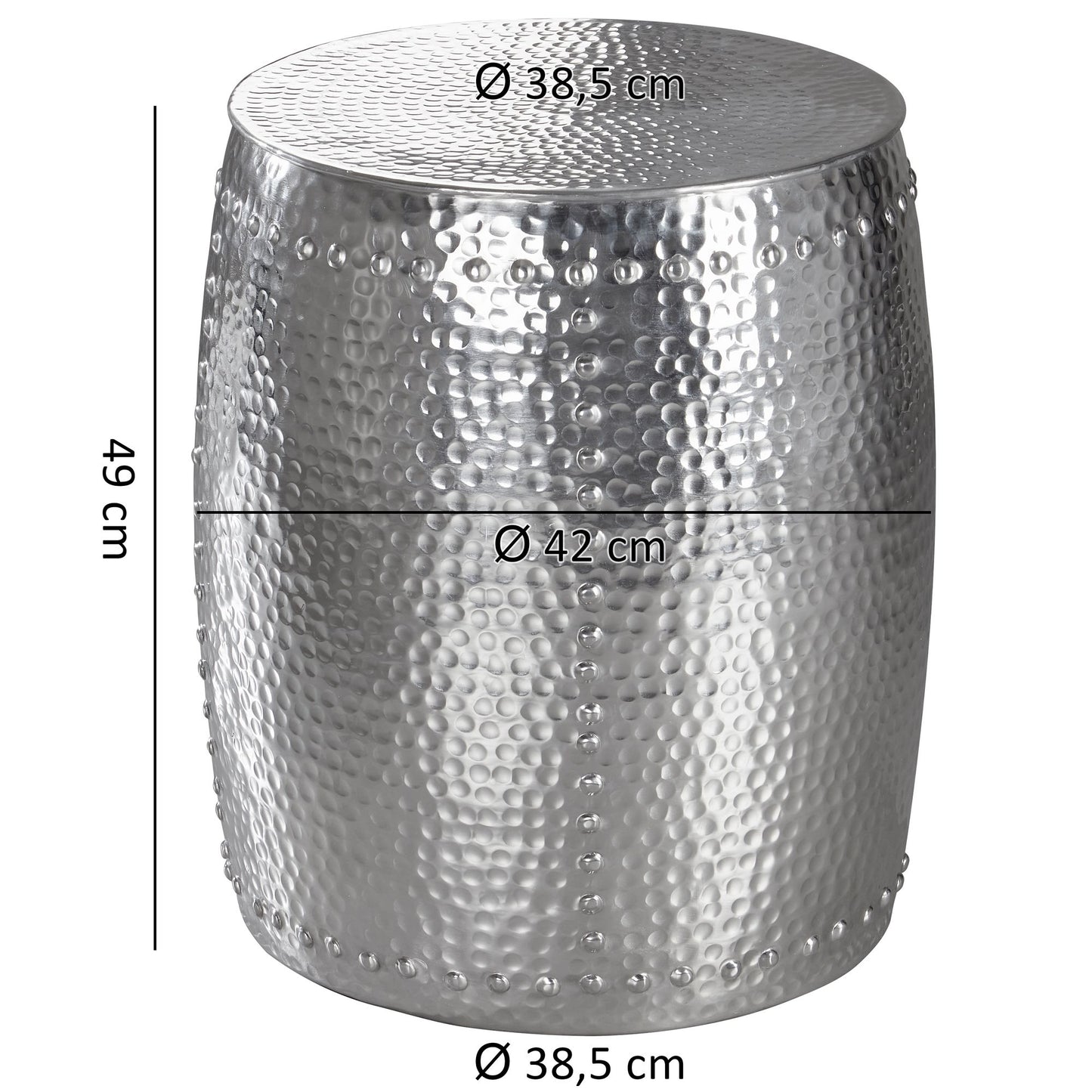 Beistelltisch 42 mal 49 mal 42cm Aluminium Silber Dekotisch orientalisch rund Kleiner Hammerschlag Abstelltisch Designer Ablagetisch Metall modern Anstelltisch schmal