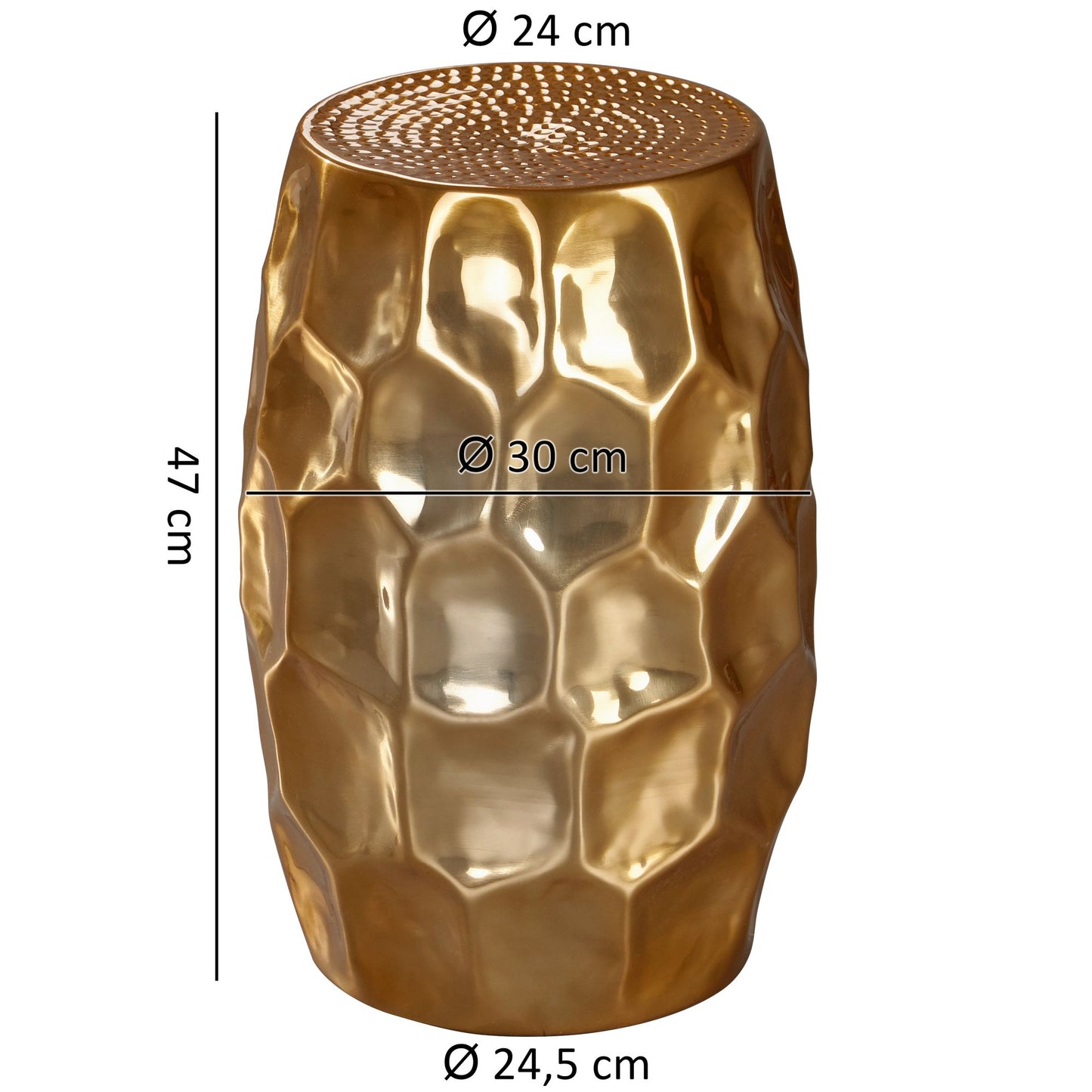 Beistelltisch 30 mal 47 mal 30cm Aluminium Gold Dekotisch orientalisch rund Kleiner Hammerschlag Abstelltisch Designer Ablagetisch Metall modern Anstelltisch schmal