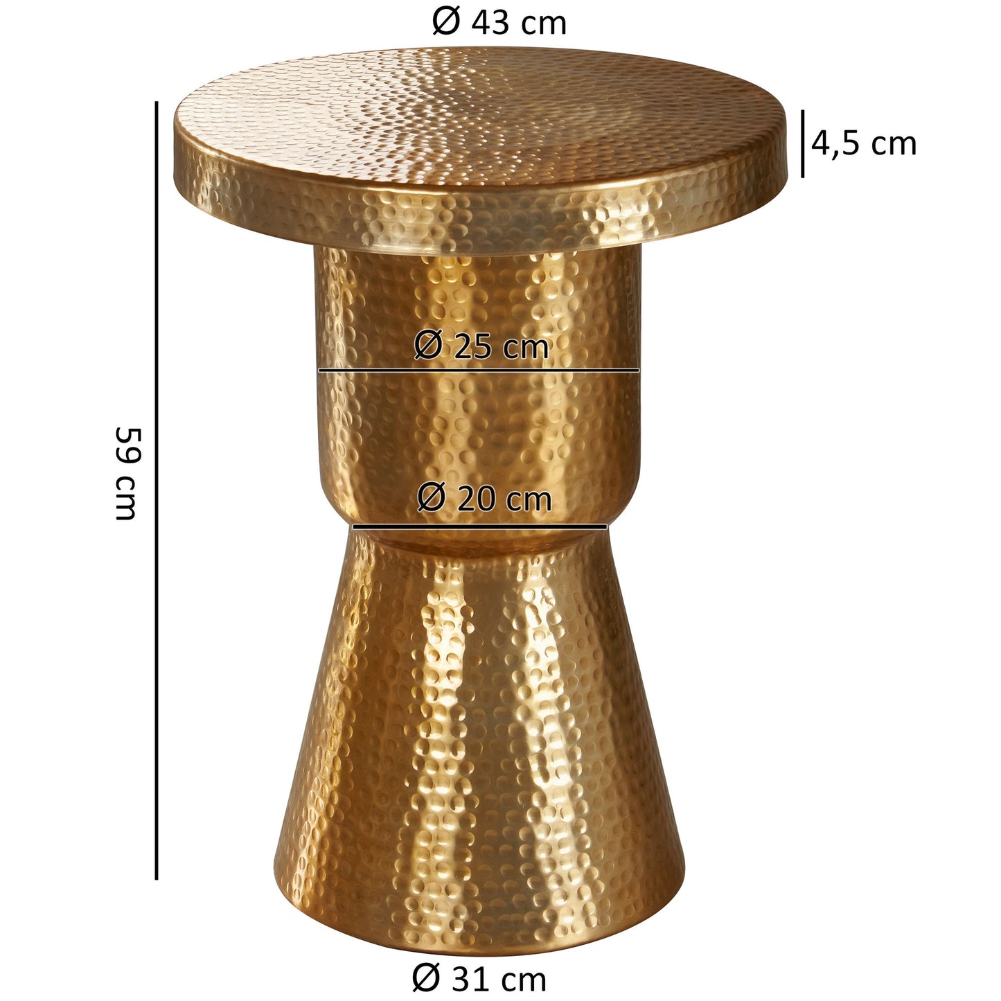 Design Beistelltisch 43 mal 59 mal 43 cm Aluminium Gold Dekotisch orientalisch rund Designer Ablagetisch Metall modern Anstelltisch schmal  Kleiner Hammerschlag Abstelltisch