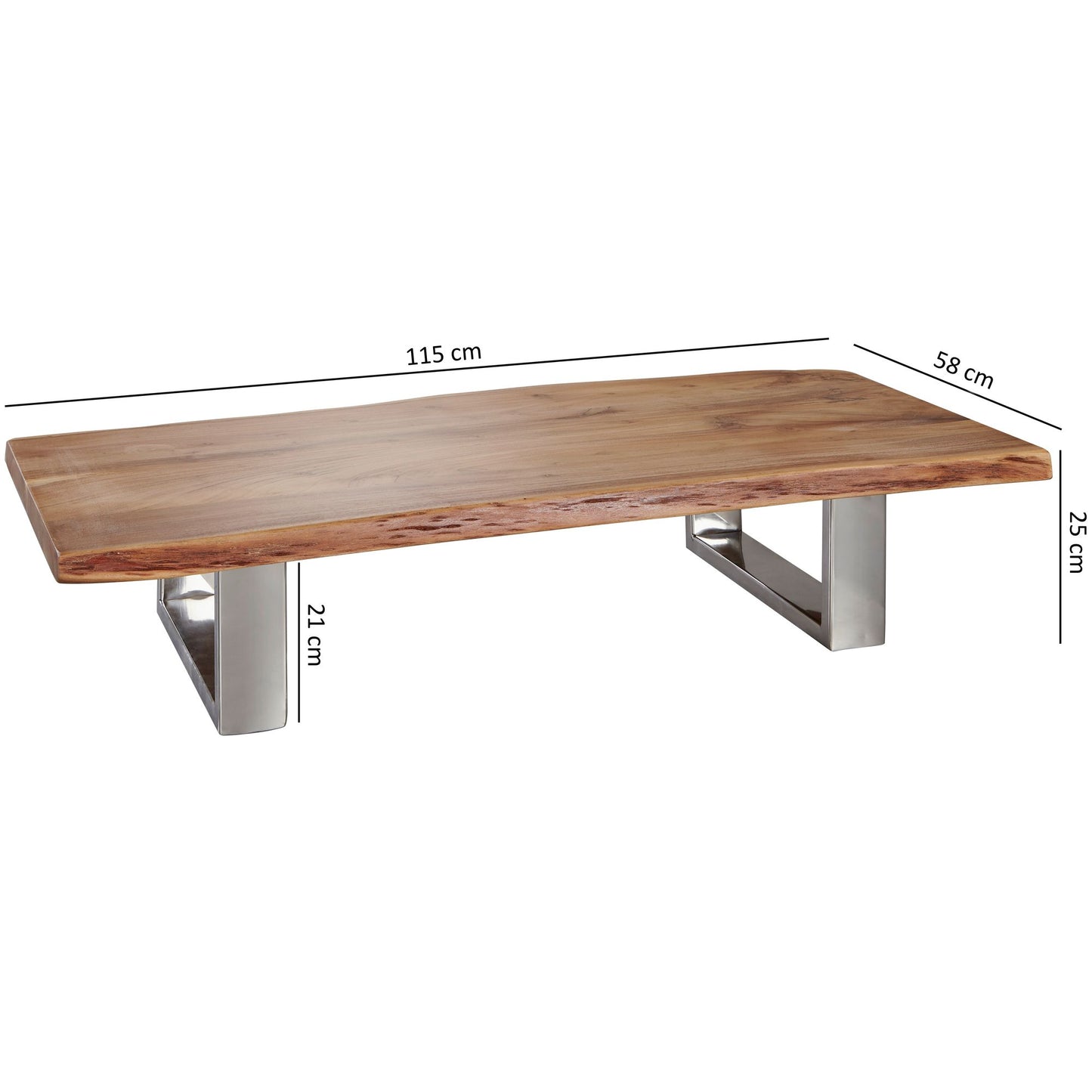 Couchtisch 115 mal 25 mal 58 cm Akazie Massiv Holz Metallgestell gross Baumstamm Wohnzimmertisch Massivholz Braun Baumkante Sofatisch Landhaus Holztisch Tisch Wohnzimmer Stubentisch