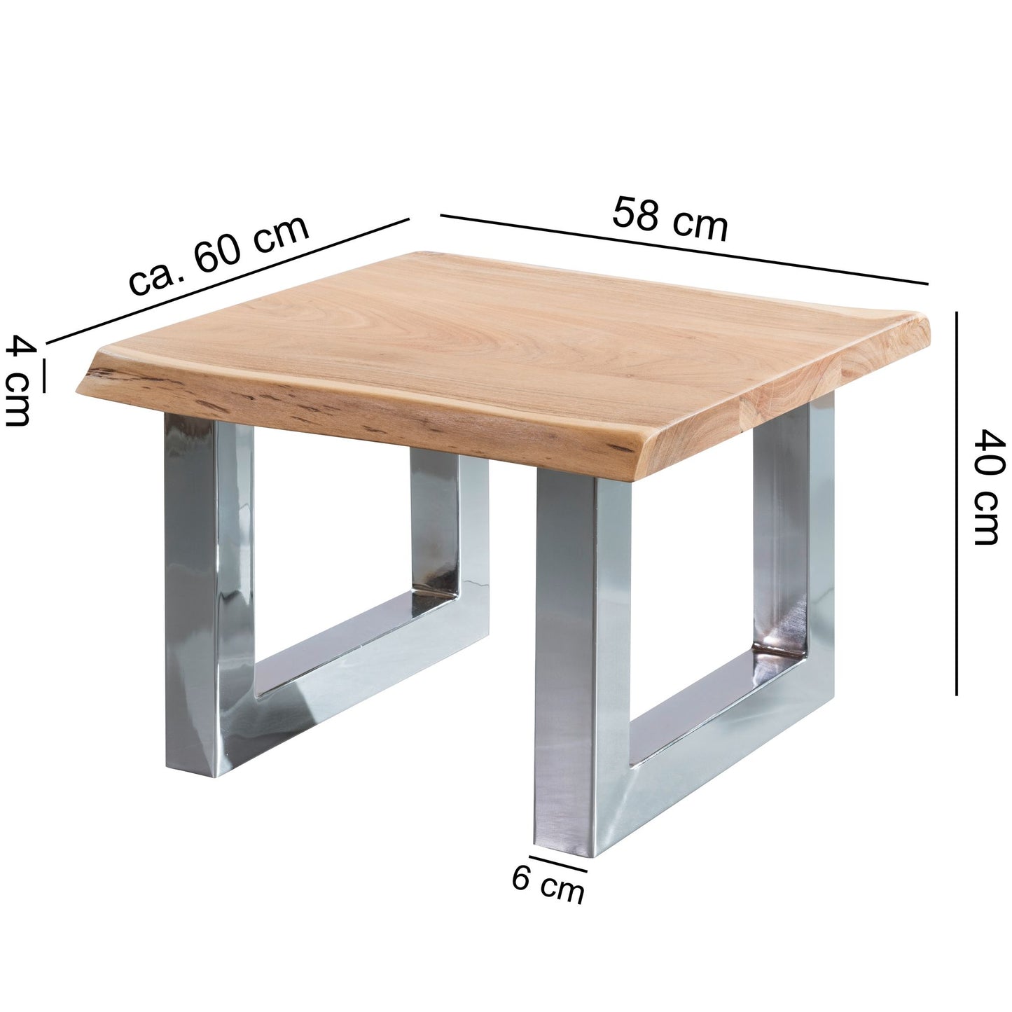 Couchtisch 58 mal 40 mal 60 cm Akazie Massiv Holz Metallgestell Braun Baumstamm Wohnzimmertisch Massivholz klein Baumkante Sofatisch Landhaus Holztisch Tisch Wohnzimmer Stubentisch