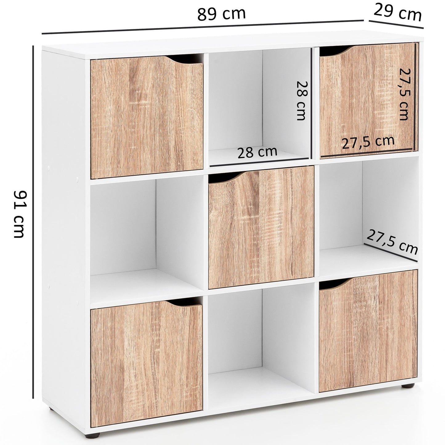 Sideboard MASSA 89 mal 91 mal 29 cm Buecherregal mit 9 Faechern Sonoma Standregal mit 5 Tueren Modernes Wuerfelregal Raumteiler Flurschrank offen Cuberegal Kommode Wohnregal