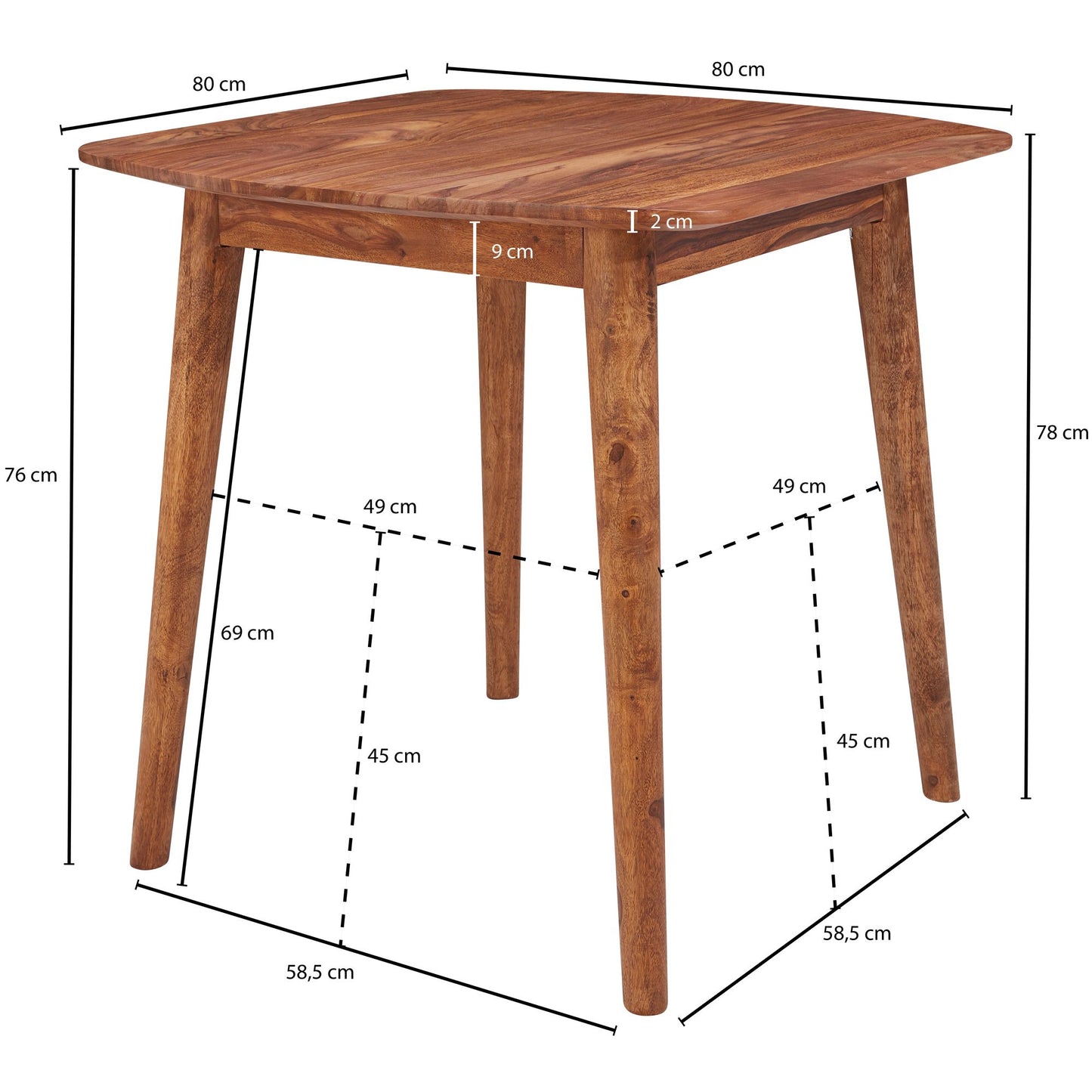 Esszimmertisch WL5.571 Sheesham 80 mal 78 mal 80 cm Massivholz Tisch Designer Kuechentisch Holz Massivher Holztisch Rustikal Speisetisch Massives Echt Holz Modern