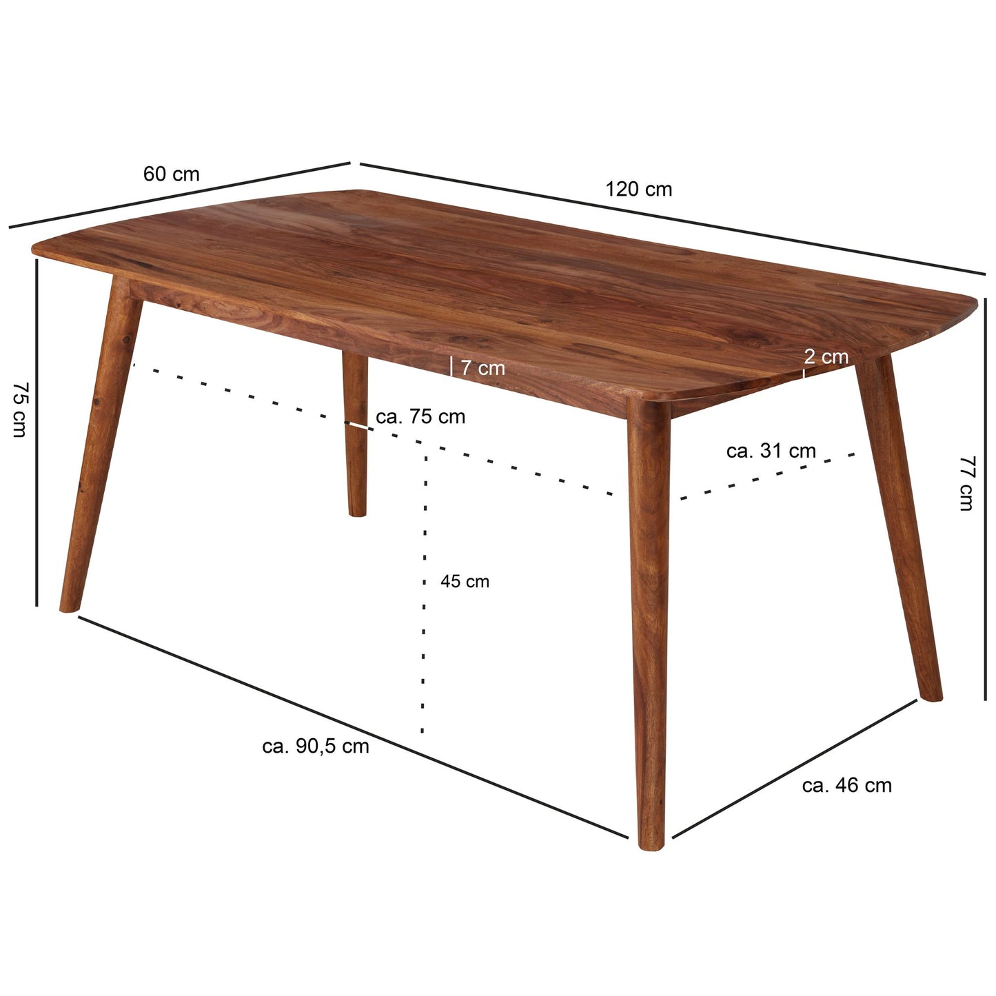 Esszimmertisch WL5.572 Holz 120 mal 77 mal 60 cm Sheesham Massivholz Tisch Designer Kuechentisch Holz Massiver Holztisch Rustikal Speisetisch Massives Echt Holz Modern Grosser Esstisch