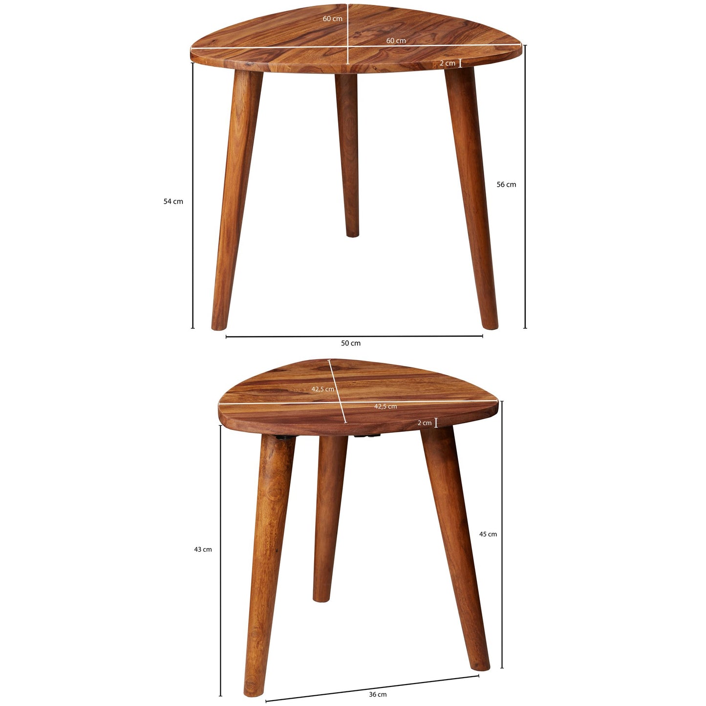 Design Satztisch WL5.574 Sheesham Massivholz Beistelltisch 2er Set Klein Couchtisch Set 2 Holz Tische Massivholz Wohnzimmertisch Schmaler Sofatisch Ablagetisch