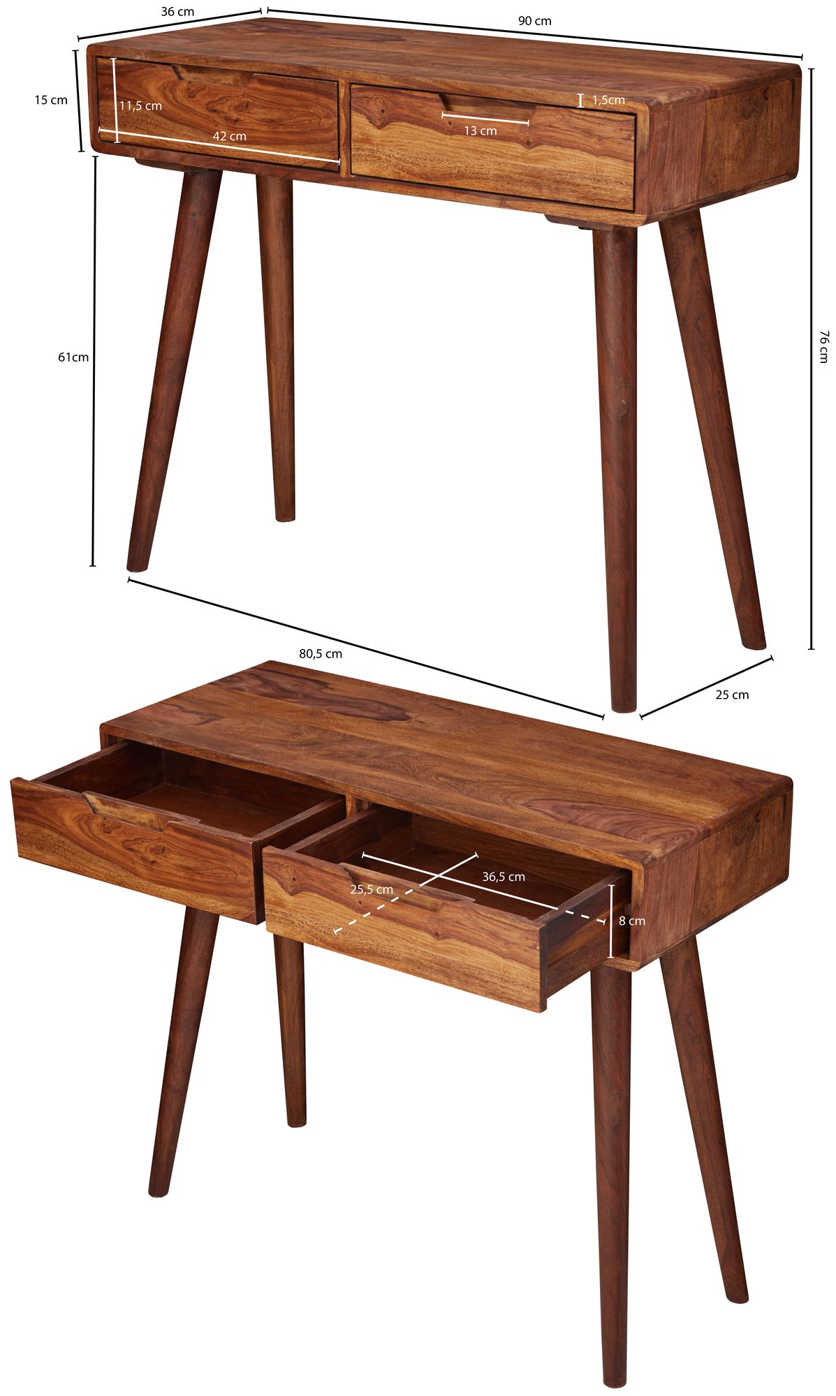 Konsolentisch WL5.577 90 mal 76 mal 36cm Sheesham Massivholz mit Schubladen Design Holz Anrichte Konsole Massiv Kleiner Landhaus Schreibtisch Flurtisch Schminktisch Ablagetisch Natur