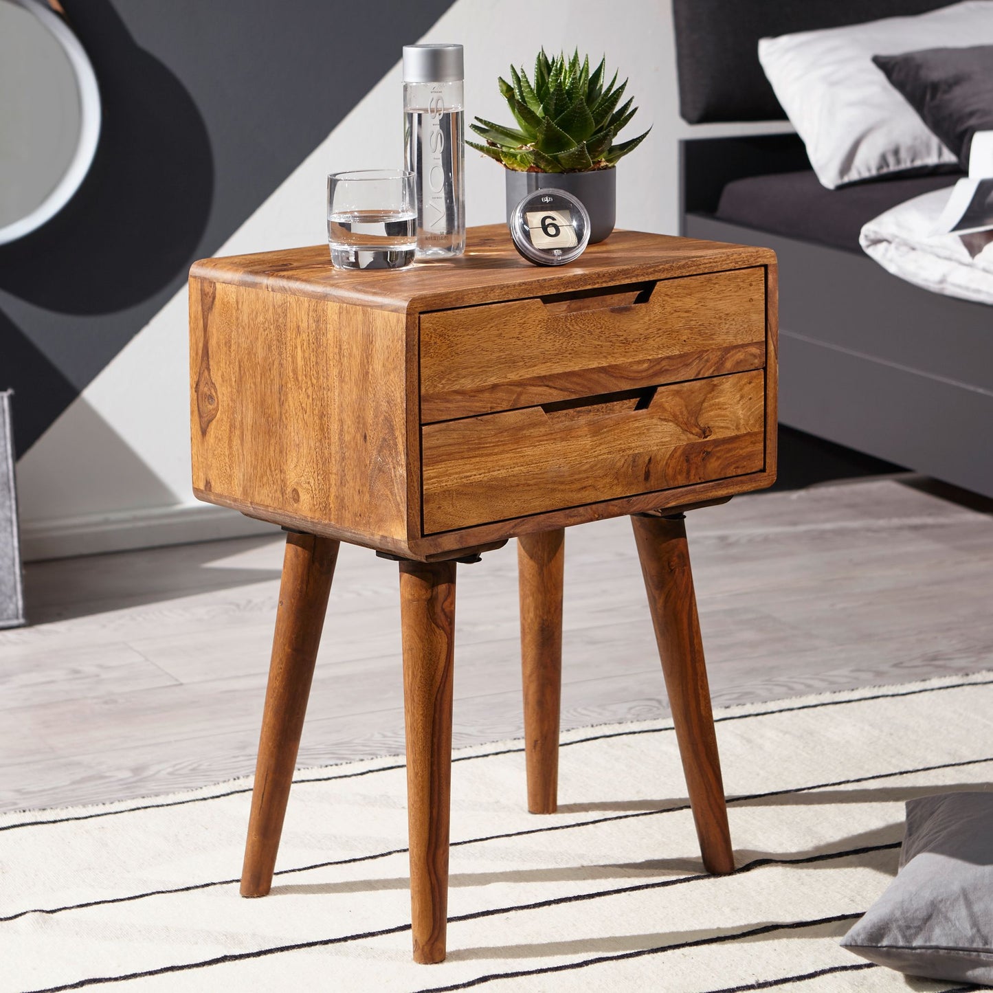 Nachtkonsole 47 mal 66 mal 36 cm WL5.578 Sheesham Nachttisch Bo mal springbett Nachtkaestchen 2 Schubladen Landhausstil Nachtkommode Bett Massiv Holz Bett Nachtschrank Modern Nachtkasten Braun