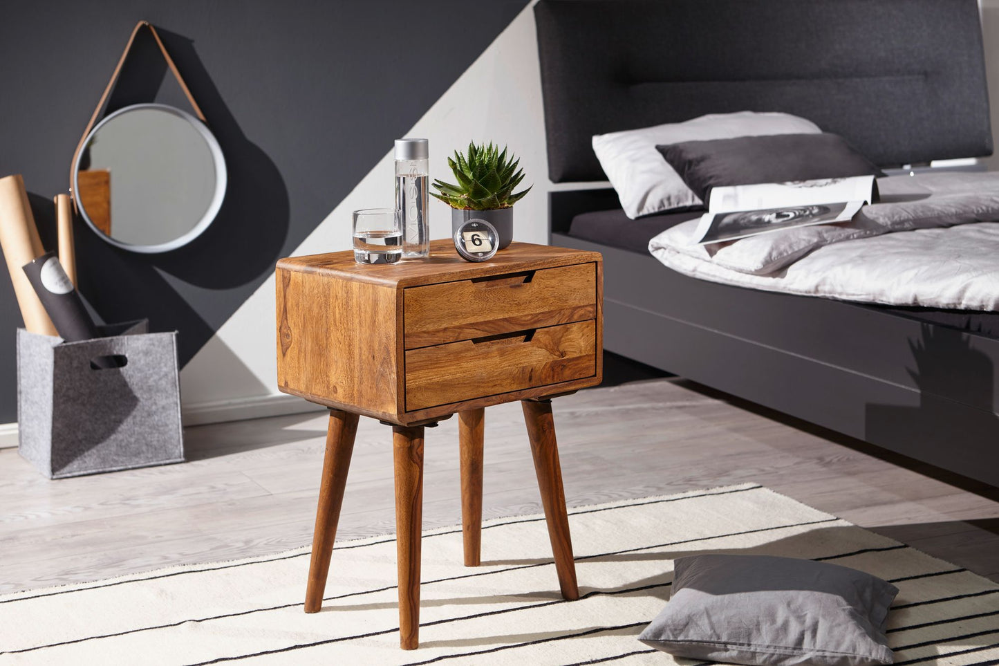 Nachtkonsole 47 mal 66 mal 36 cm WL5.578 Sheesham Nachttisch Bo mal springbett Nachtkaestchen 2 Schubladen Landhausstil Nachtkommode Bett Massiv Holz Bett Nachtschrank Modern Nachtkasten Braun