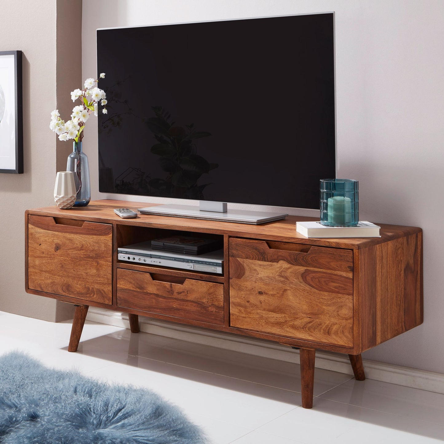 HiFi Lowboard Sheesham Massivholz Landhaus TV Kommode 135 mal 51 mal 45cm Fernsehschrank Unterschrank mit Schublade und 2 Tueren Fernsehtisch Ablagefach Fernsehkommode TV Moebel