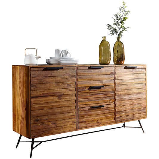 Design Sideboard NISHAN 160 mal 40 mal 88 cm Sheesham Massiv Holz Kommode mit Tueren und Schubladen Massive Anrichte Industrial Massivholz Schrank mit Metallbeinen