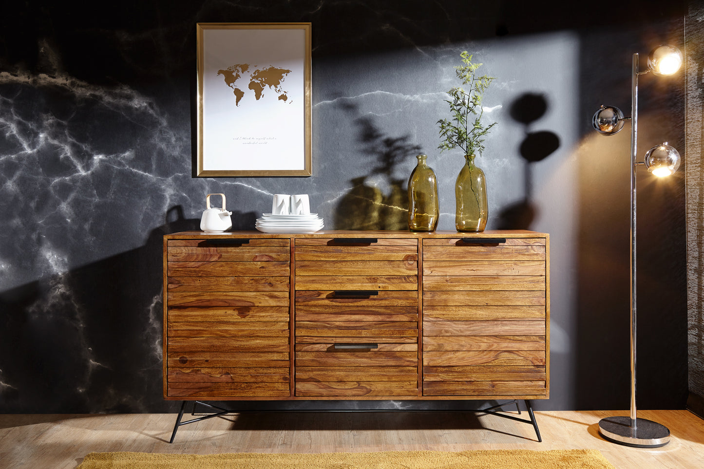 Design Sideboard NISHAN 160 mal 40 mal 88 cm Sheesham Massiv Holz Kommode mit Tueren und Schubladen Massive Anrichte Industrial Massivholz Schrank mit Metallbeinen