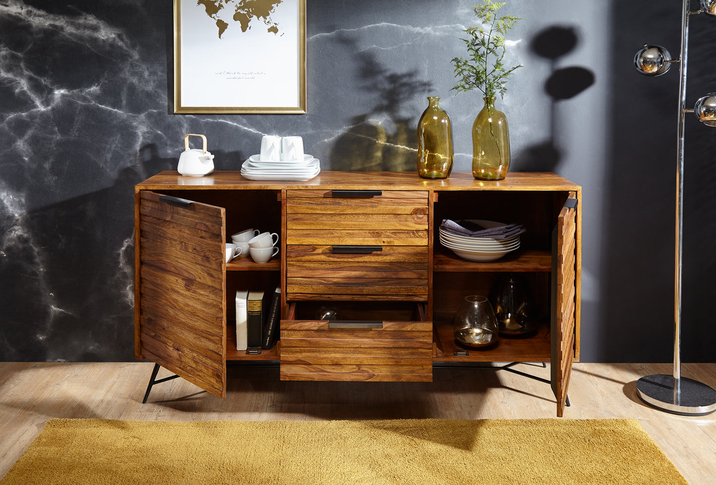 Design Sideboard NISHAN 160 mal 40 mal 88 cm Sheesham Massiv Holz Kommode mit Tueren und Schubladen Massive Anrichte Industrial Massivholz Schrank mit Metallbeinen