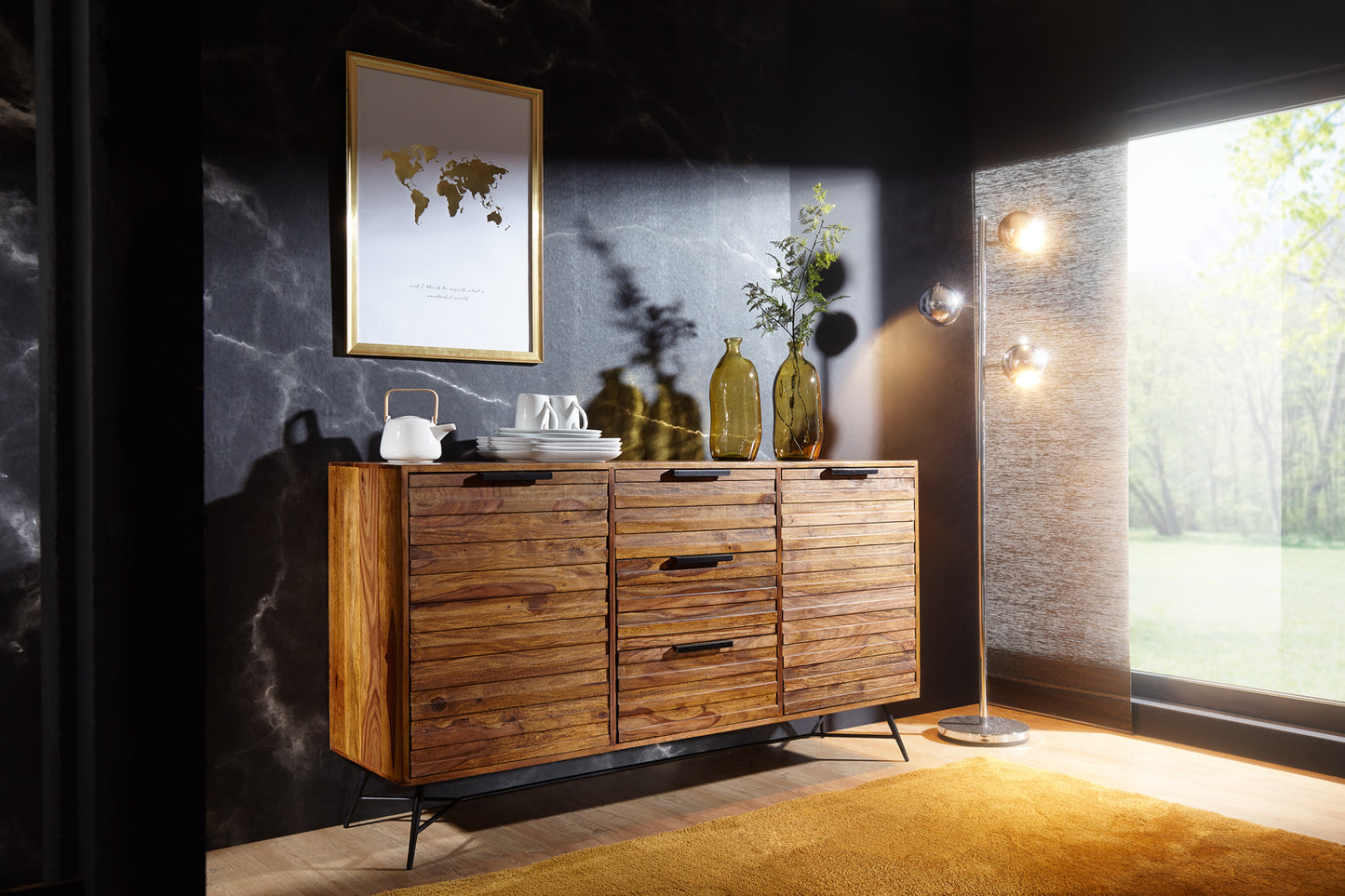 Design Sideboard NISHAN 160 mal 40 mal 88 cm Sheesham Massiv Holz Kommode mit Tueren und Schubladen Massive Anrichte Industrial Massivholz Schrank mit Metallbeinen