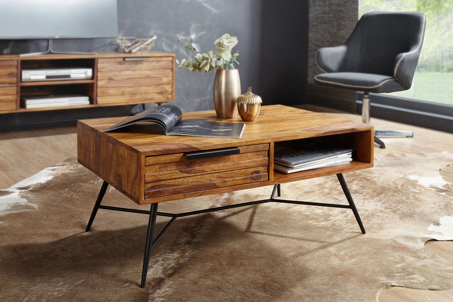 Couchtisch NISHAN 87 mal 41 mal 55 cm Sheesham Massiv Holz Design Holztisch mit Stauraum und Schublade Massivholztisch Wohnzimmer Retro Industrial Wohnzimmertisch mit Metallbeinen