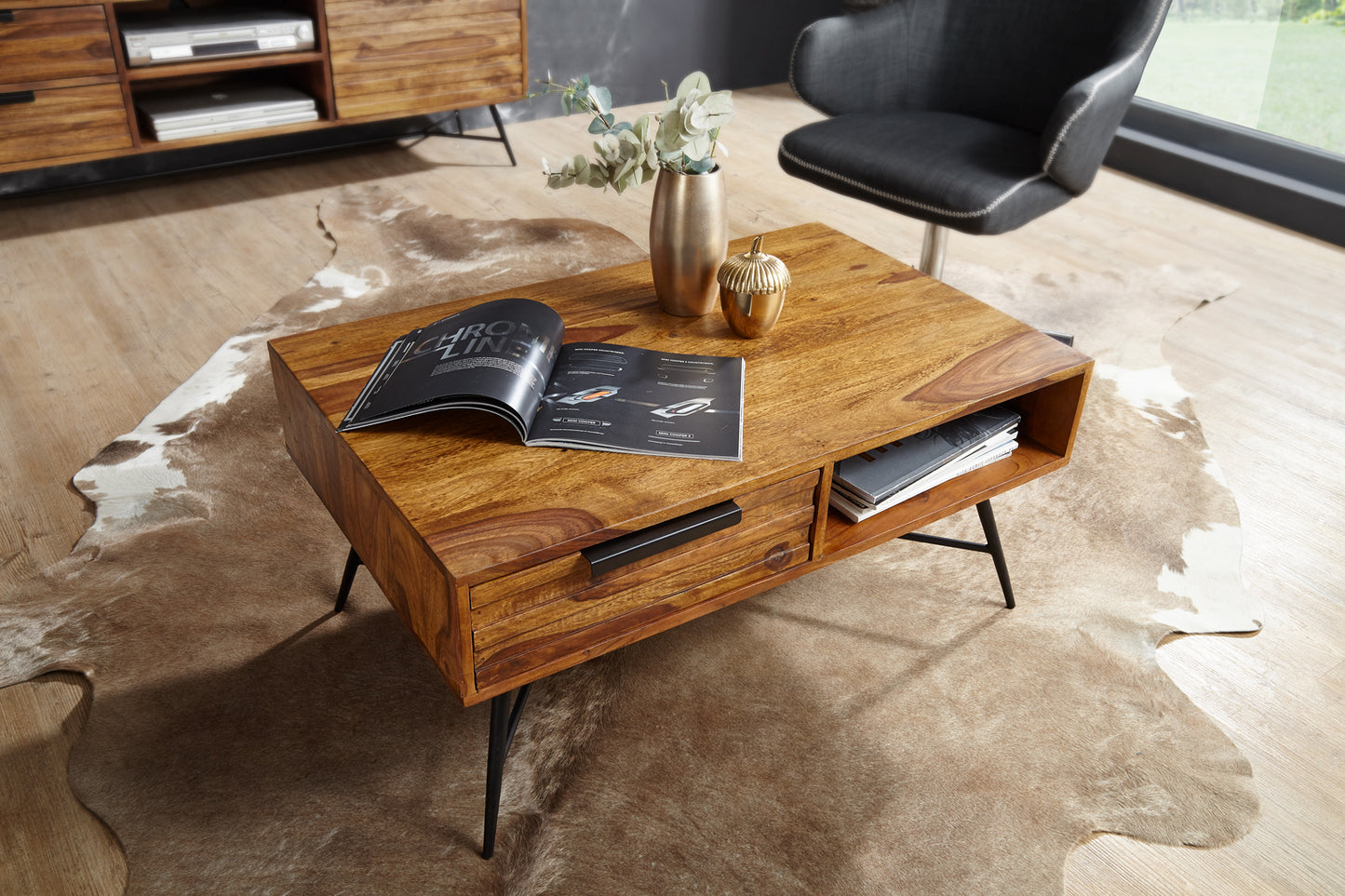 Couchtisch NISHAN 87 mal 41 mal 55 cm Sheesham Massiv Holz Design Holztisch mit Stauraum und Schublade Massivholztisch Wohnzimmer Retro Industrial Wohnzimmertisch mit Metallbeinen