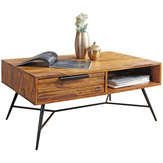 Couchtisch NISHAN 87 mal 41 mal 55 cm Sheesham Massiv Holz Design Holztisch mit Stauraum und Schublade Massivholztisch Wohnzimmer Retro Industrial Wohnzimmertisch mit Metallbeinen