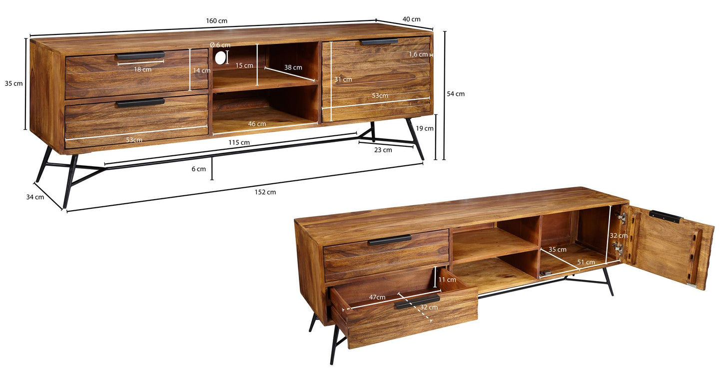 Lowboard NISHAN 160 mal 54 mal 40 cm Sheesham Massiv Holz Design Hifi Board mit Stauraum und Schubladen Massivholz Fernsehschrank Wohnzimmer Industrial Fernsehkommode mit Metallbeinen