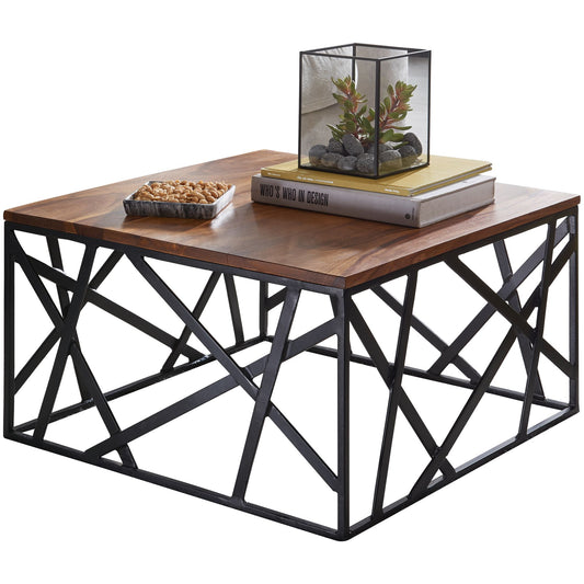Couchtisch BAKAL 60 mal 35 mal 60 cm Sheesham Massivholz Metall Sofatisch Design Wohnzimmertisch Industrial Style Stubentisch Braun Schwarz Designer Kaffeetisch massiv Tisch quadratisch