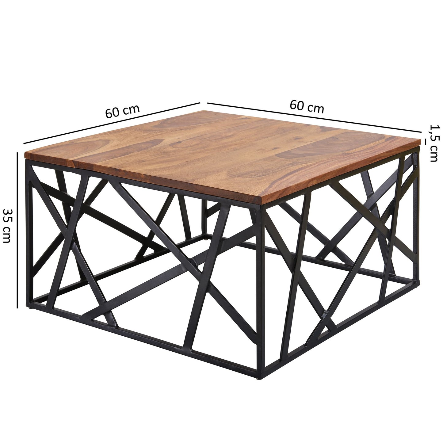 Couchtisch BAKAL 60 mal 35 mal 60 cm Sheesham Massivholz Metall Sofatisch Design Wohnzimmertisch Industrial Style Stubentisch Braun Schwarz Designer Kaffeetisch massiv Tisch quadratisch
