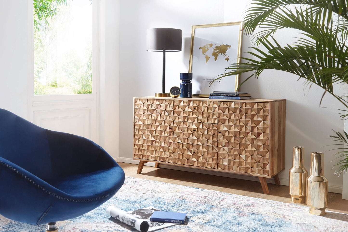 Sideboard REWA 140 mal 78 5 mal 40 cm Anrichte Massivholz Akazie Schrank Braun Landhaus Stil Kommode mit 3 Schubladen und 2 Tueren Flurschrank Echtholz Schubladenkommode Massiv Flurkommode