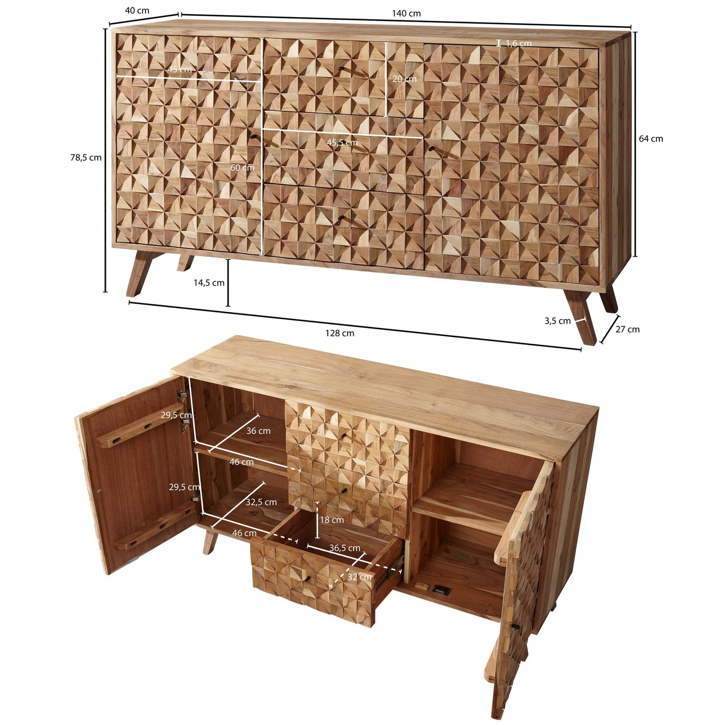 Sideboard REWA 140 mal 78 5 mal 40 cm Anrichte Massivholz Akazie Schrank Braun Landhaus Stil Kommode mit 3 Schubladen und 2 Tueren Flurschrank Echtholz Schubladenkommode Massiv Flurkommode