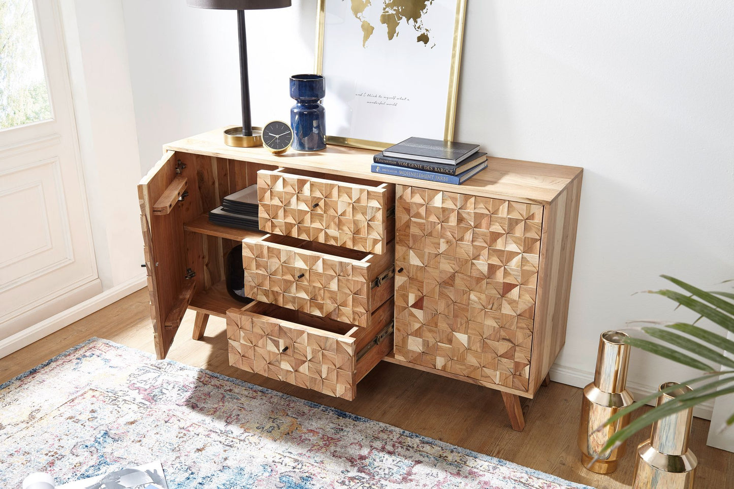 Sideboard REWA 140 mal 78 5 mal 40 cm Anrichte Massivholz Akazie Schrank Braun Landhaus Stil Kommode mit 3 Schubladen und 2 Tueren Flurschrank Echtholz Schubladenkommode Massiv Flurkommode