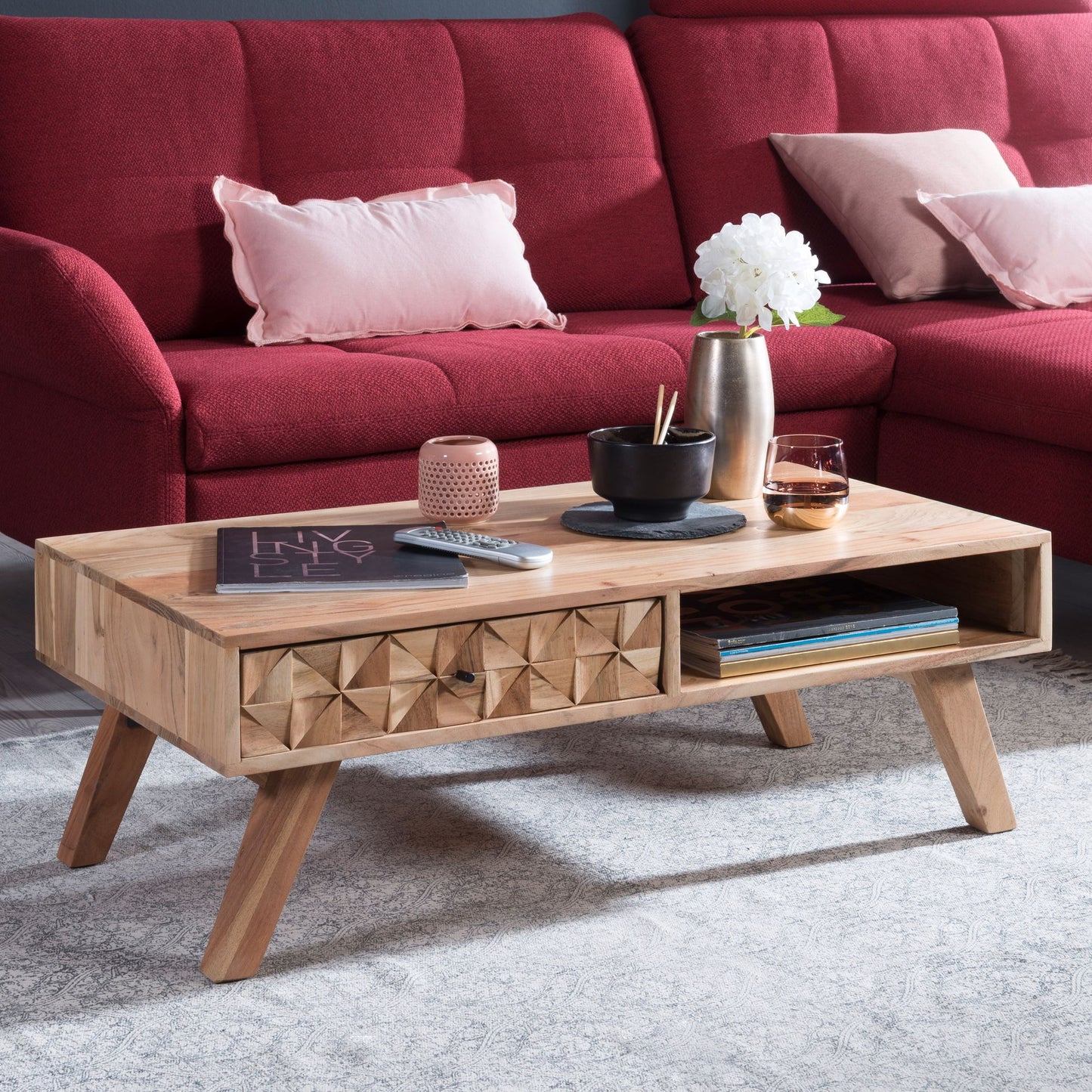 Couchtisch REWA 95 mal 35 mal 50cm Akazie Massivholz Sofatisch Design Wohnzimmertisch mit Schublade Stubentisch Landhaus Braun Designer Holztisch Kaffeetisch Massiv Tisch Wohnzimmer Modern