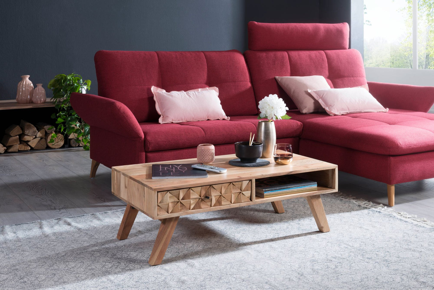 Couchtisch REWA 95 mal 35 mal 50cm Akazie Massivholz Sofatisch Design Wohnzimmertisch mit Schublade Stubentisch Landhaus Braun Designer Holztisch Kaffeetisch Massiv Tisch Wohnzimmer Modern