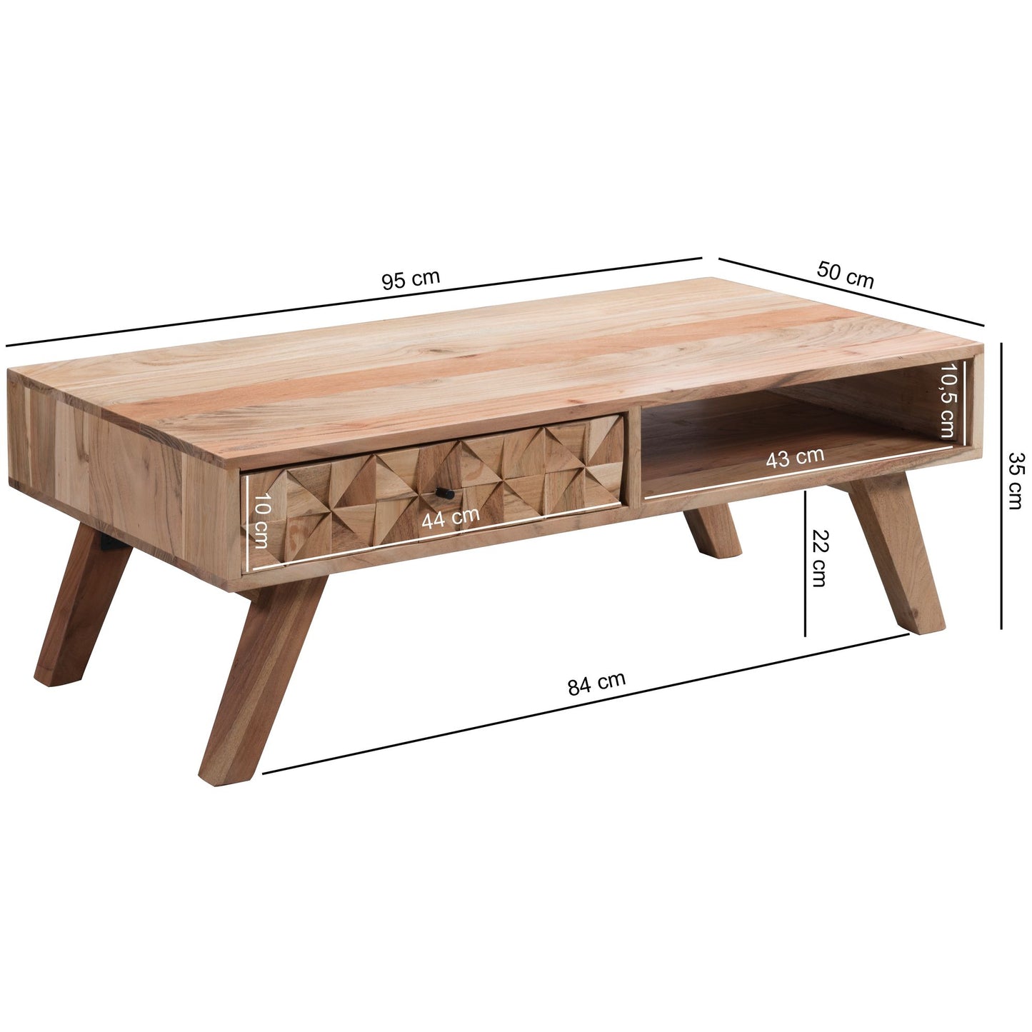 Couchtisch REWA 95 mal 35 mal 50cm Akazie Massivholz Sofatisch Design Wohnzimmertisch mit Schublade Stubentisch Landhaus Braun Designer Holztisch Kaffeetisch Massiv Tisch Wohnzimmer Modern