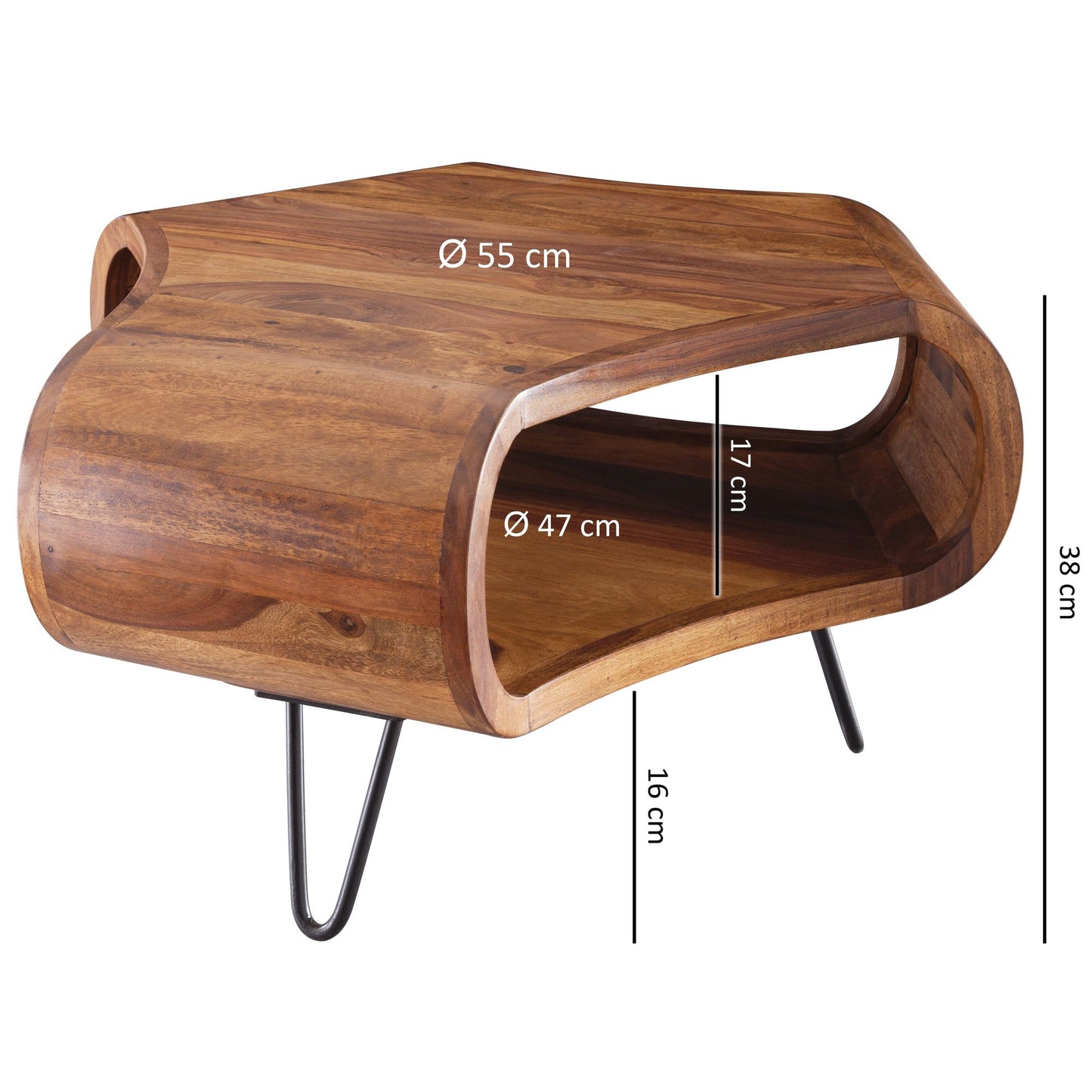 Couchtisch WL5.603 Sheesham massiv Holz 55 mal 55 mal 38 cm Ablage und Metallgestell Retro Wohnzimmertisch Massivholz braun Sofatisch modern Holztisch Tisch mit Fach Wohnzimmer