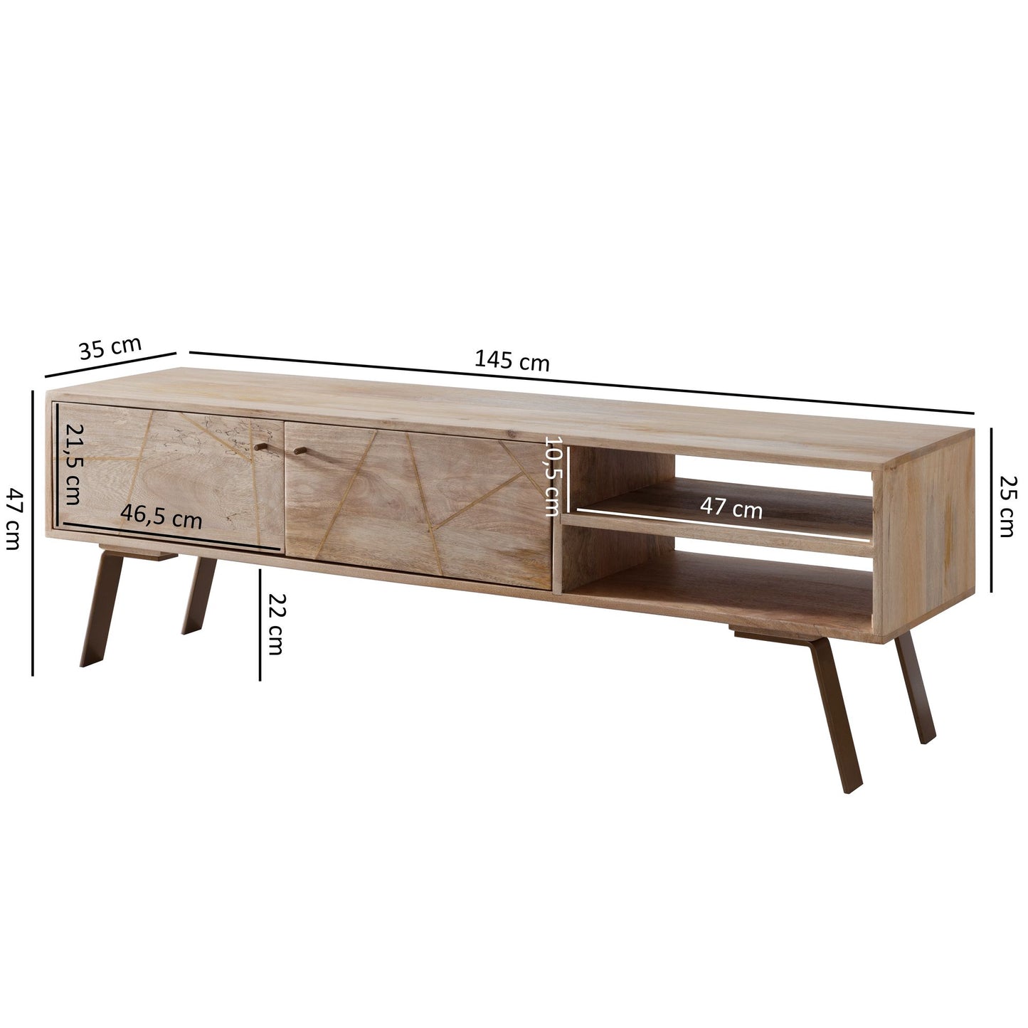 HiFi Lowboard SIKAR Mango Massivholz Landhaus TV Kommode 145 mal 47 mal 35cm Fernsehschrank Unterschrank mit 2 Tueren Fernsehtisch Ablagefach Fernsehkommode TV Moebel TV Board Wohnzimmer