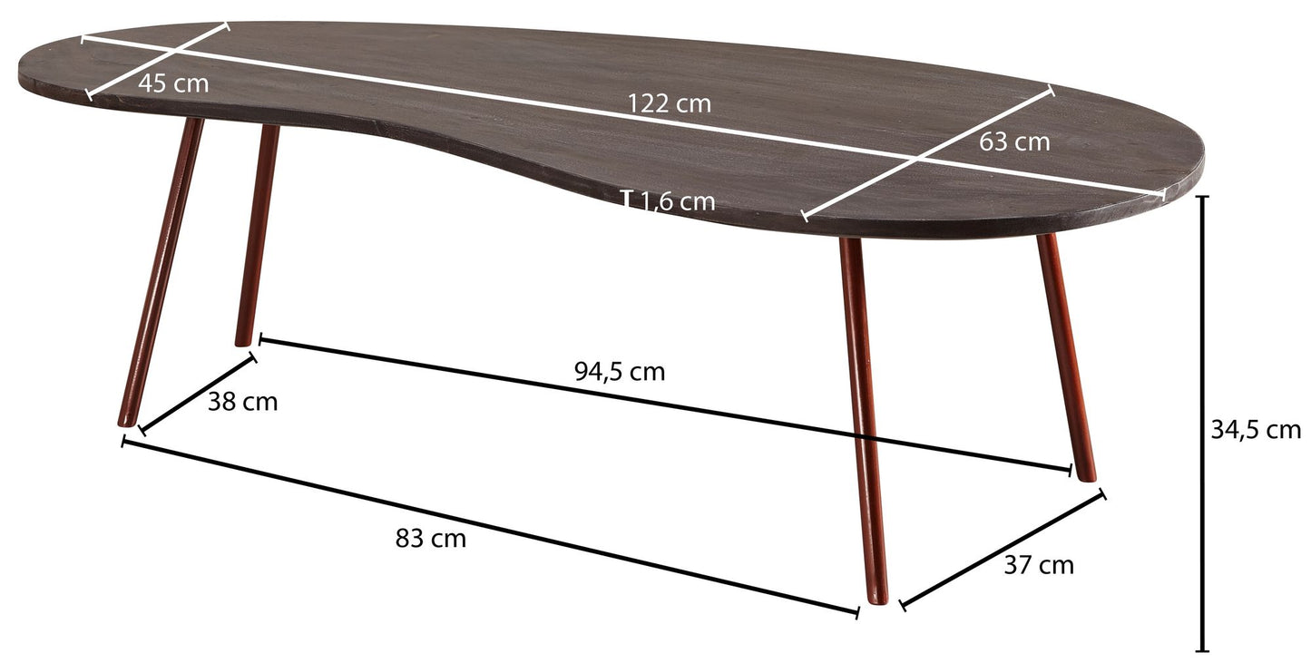 Design Couchtisch JAI 122 mal 34 5 mal 63 cm Akazie mit Metallbeinen Kupfer Nierentisch Massivholz Grau Holztisch Tischbeine Metall Cooler Massivholztisch Tisch Flach Modern