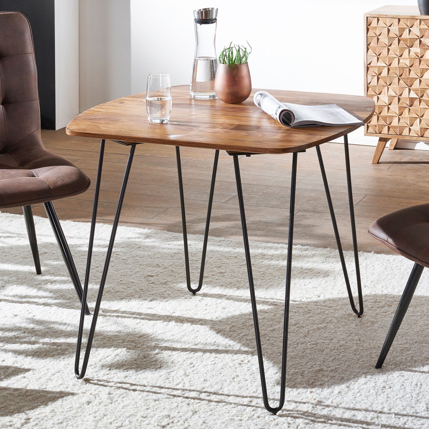 Esszimmertisch 80 mal 80 mal 76 cm Sheesham Massivholz Esstisch mit Metallbeinen Massiver Echtholz Tisch Quadratisch Designer Holztisch Massiv Moderner Kuechentisch Braun