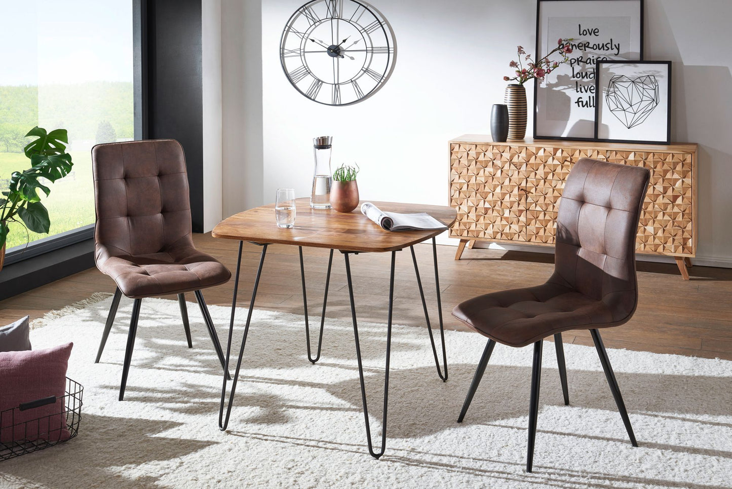Esszimmertisch 80 mal 80 mal 76 cm Sheesham Massivholz Esstisch mit Metallbeinen Massiver Echtholz Tisch Quadratisch Designer Holztisch Massiv Moderner Kuechentisch Braun